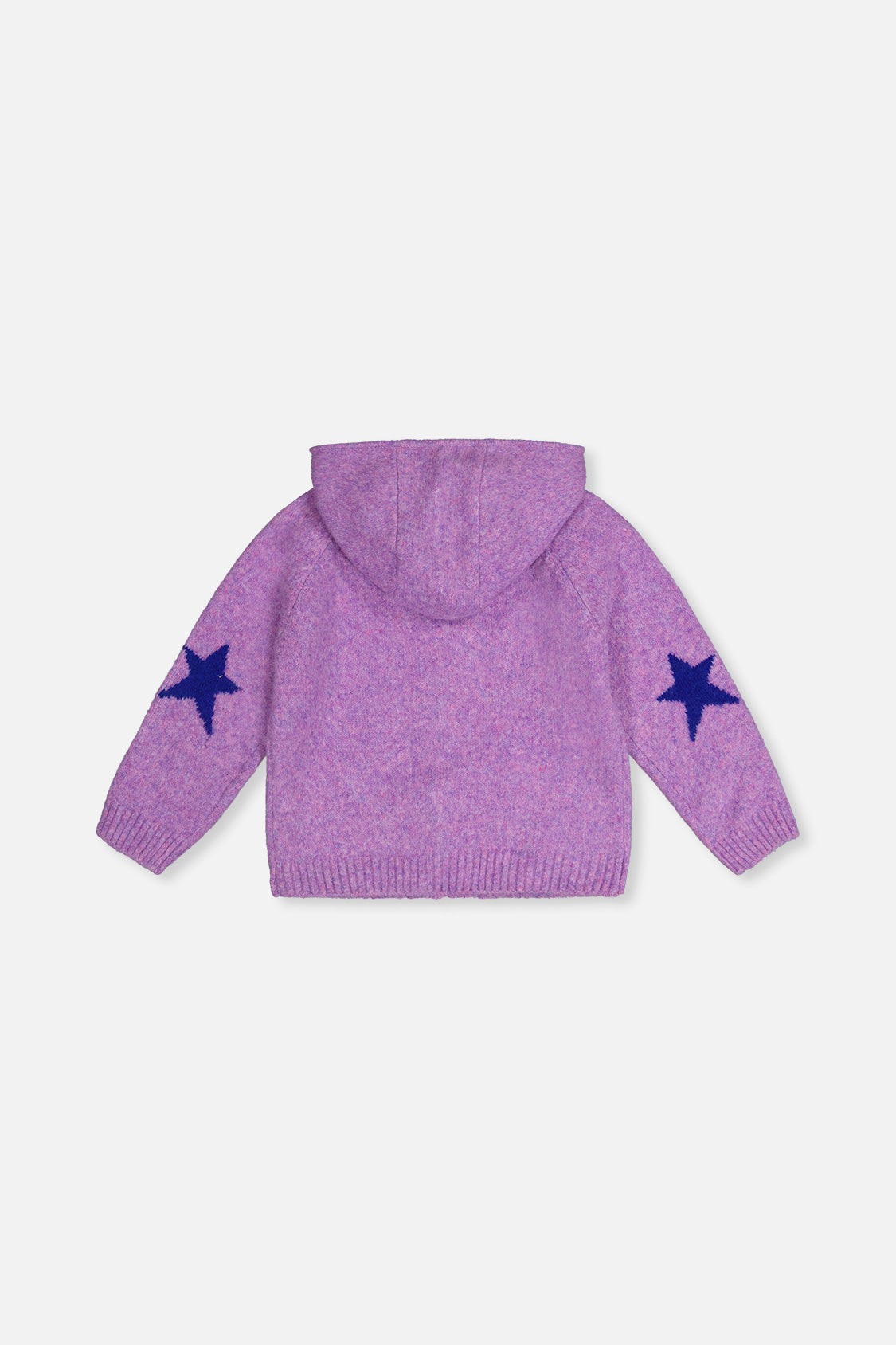 Back view of the Deux par Deux violet hooded cardigan laid flat with blue sleeve stars