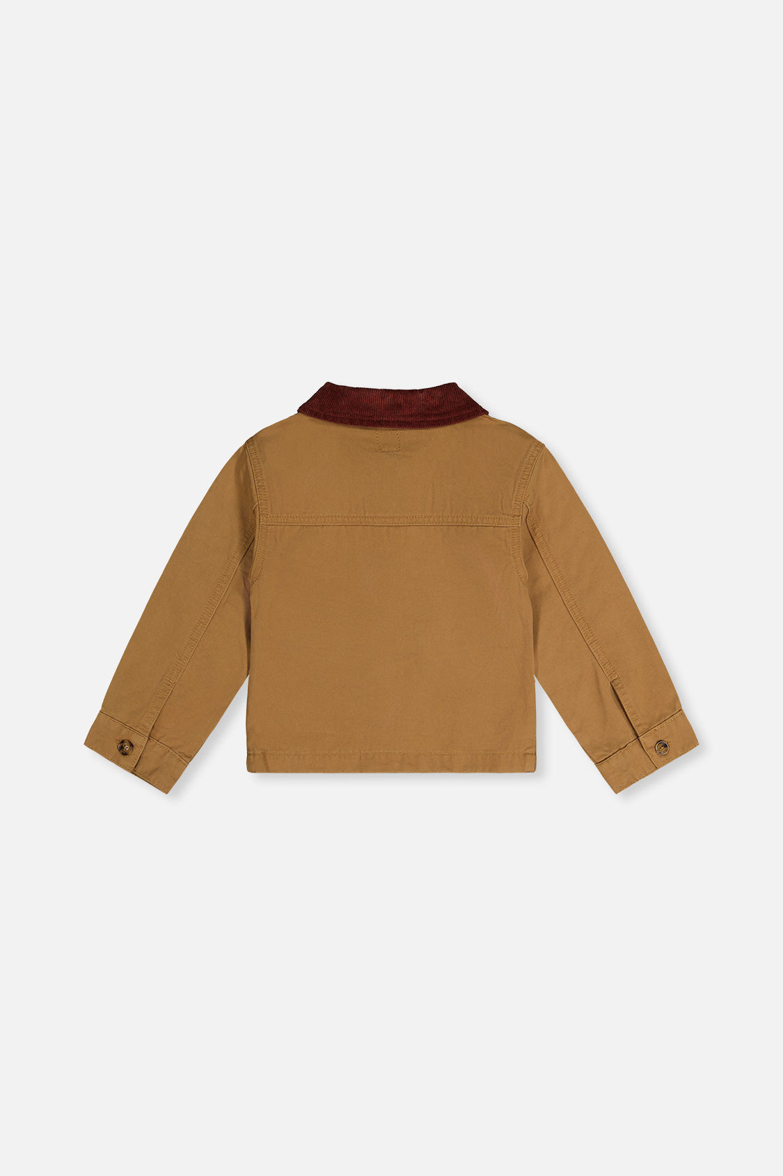 Deux par Deux brown and yellow barn jacket, back view laid flat
