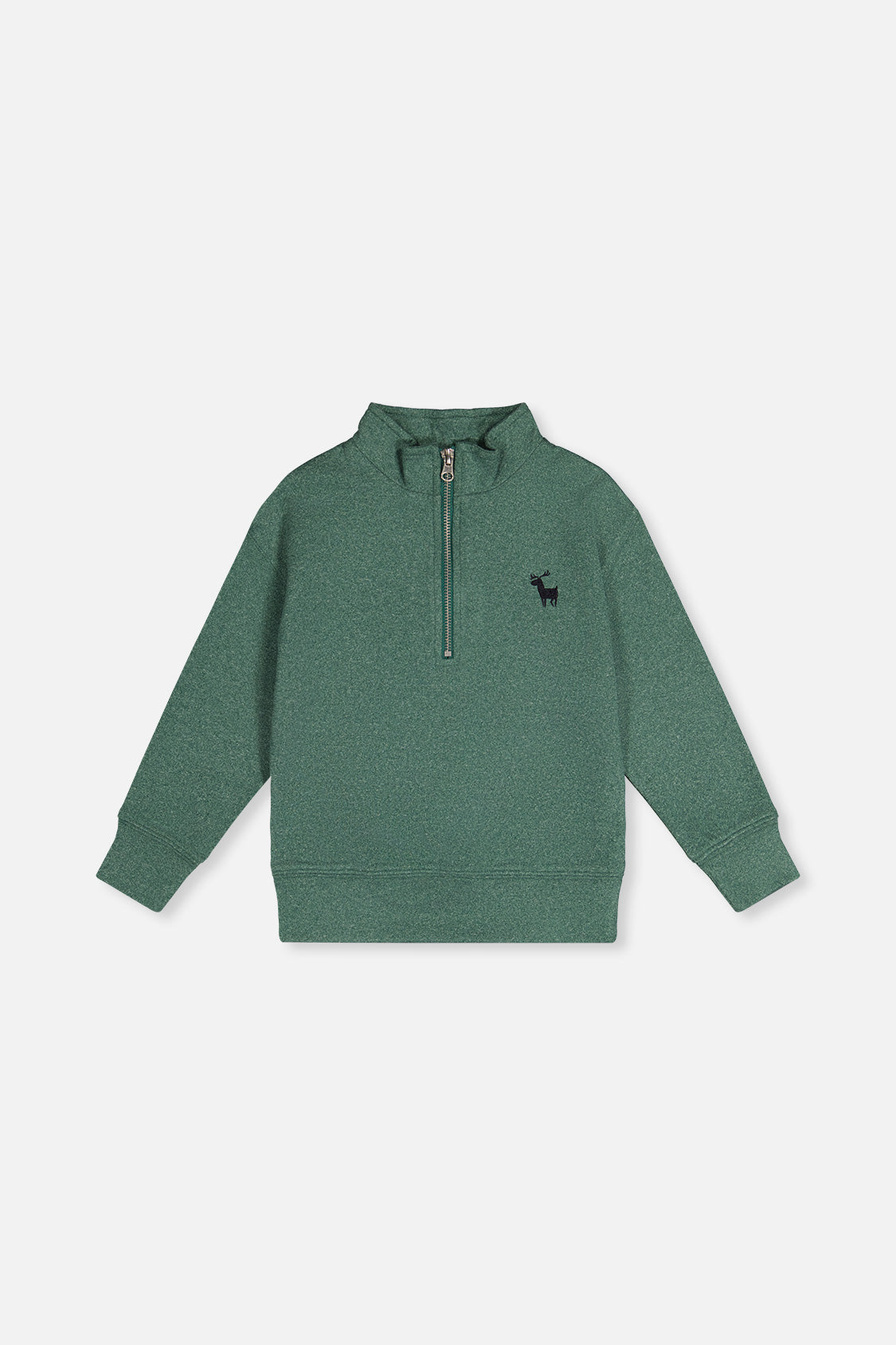 Deux par Deux dark green half-zip mock neck sweater laid flat, front view with a small deer on the chest