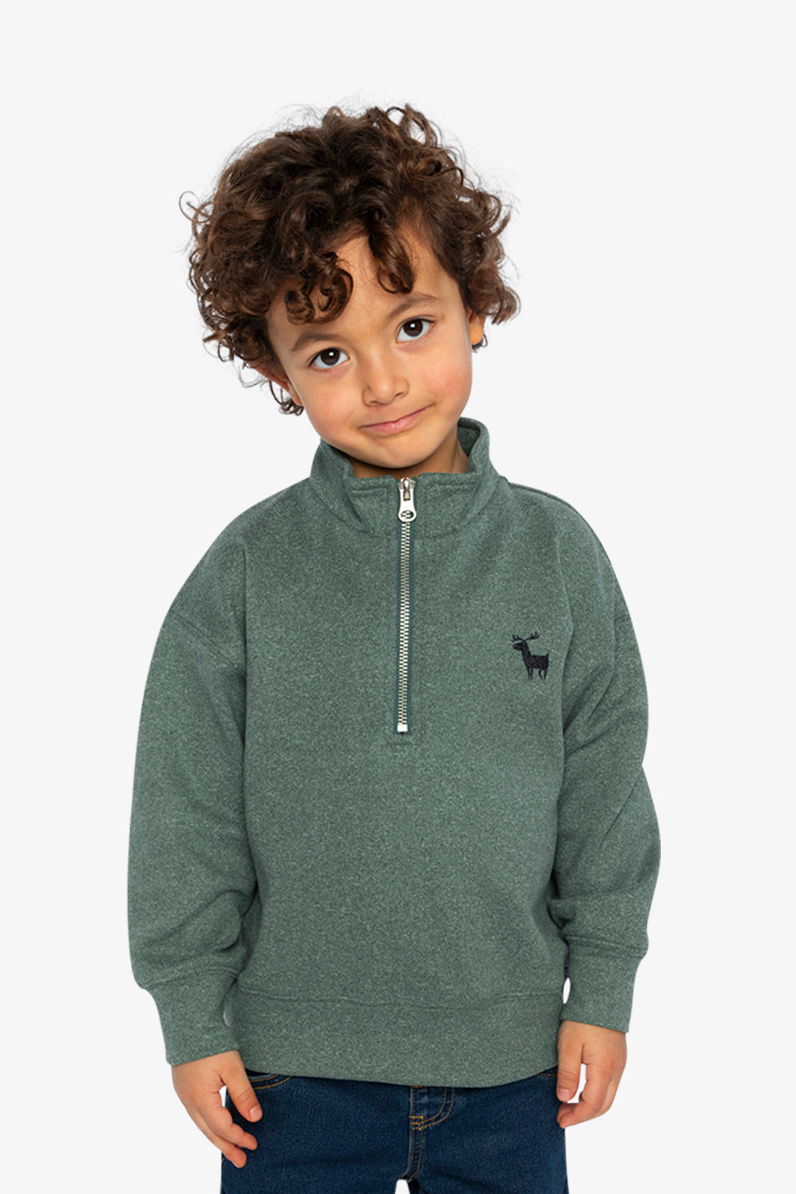 Child wearing the dark green half-zip sweater, close front view