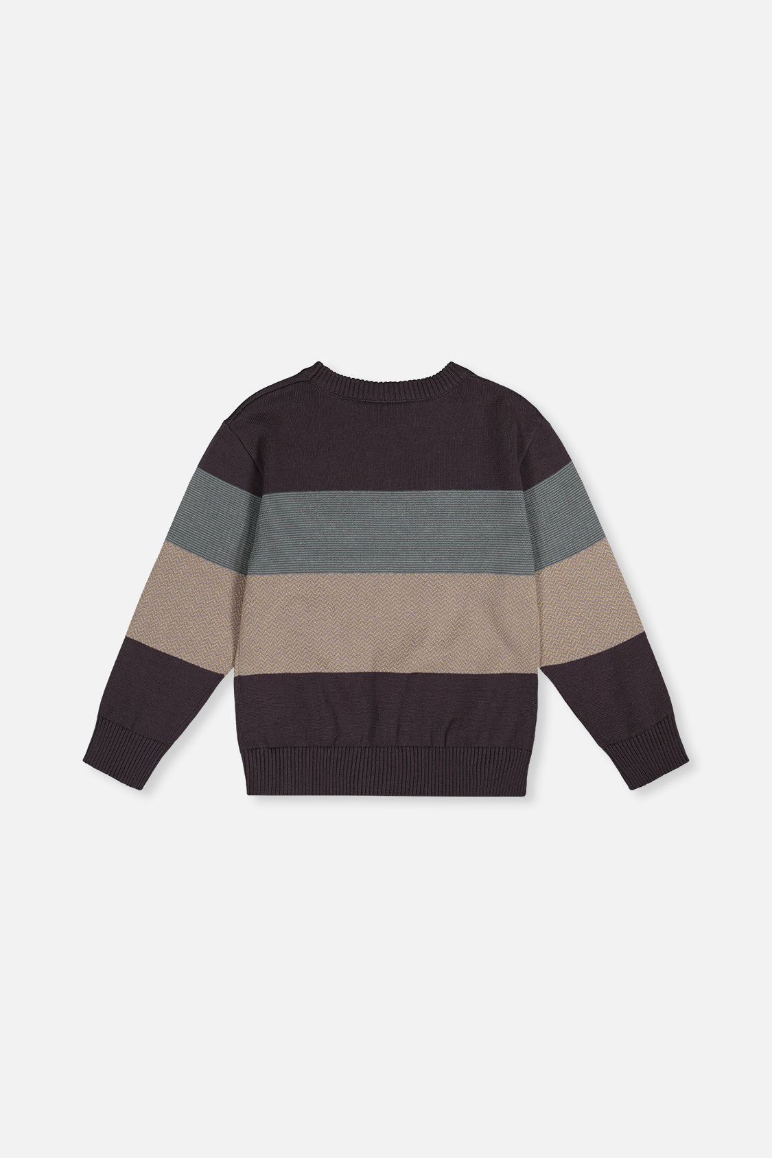 Deux par Deux charcoal, sage and taupe colorblock knit sweater, flat lay back view