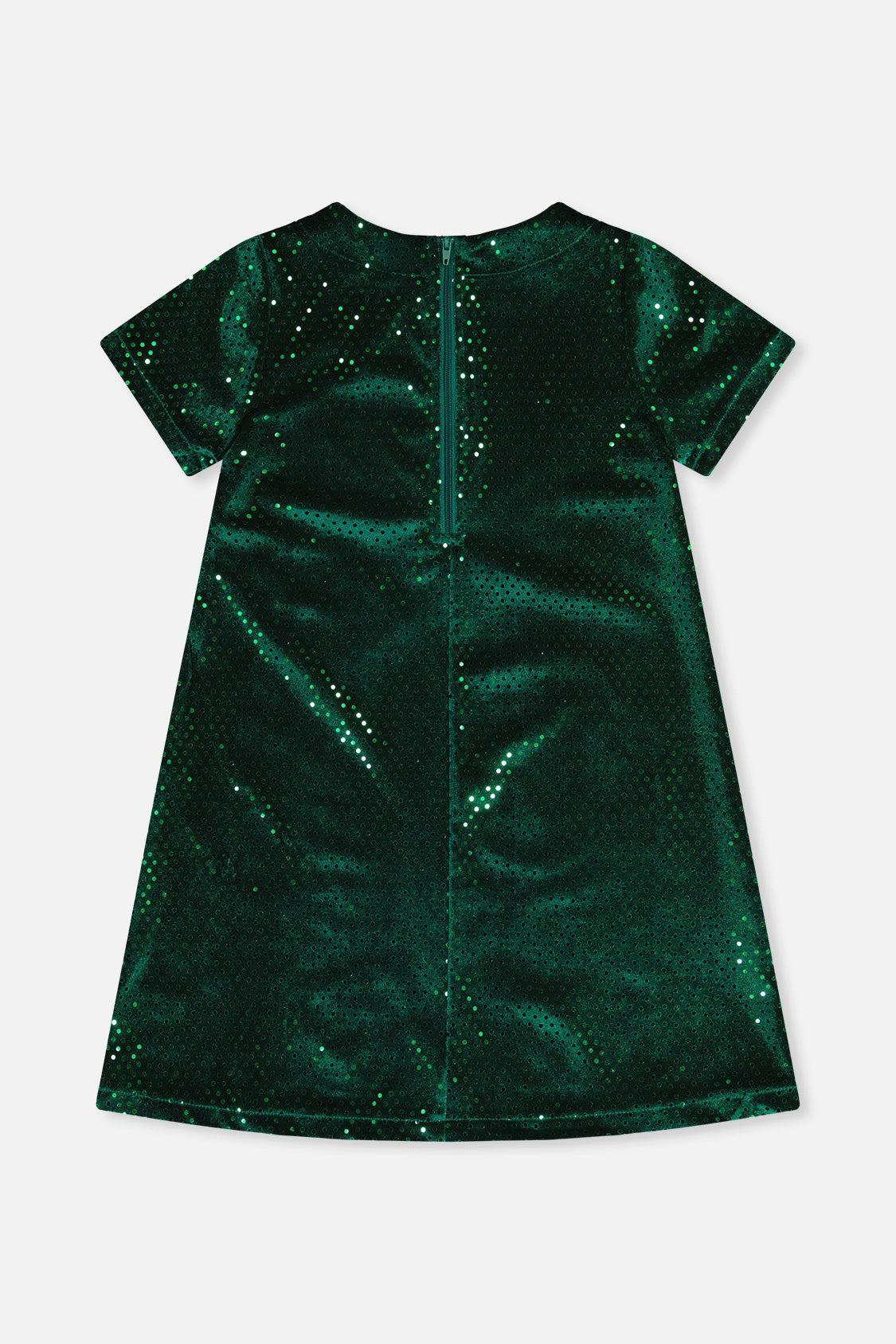 Deux par Deux girls forest green sparkle velour dress with a zipper at the back, back view