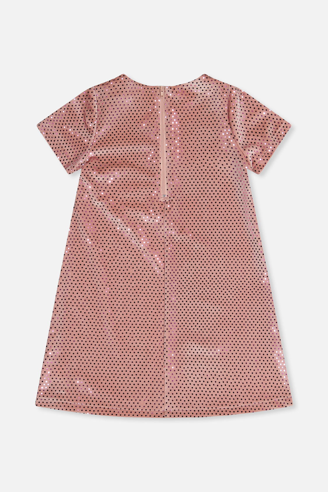 Deux par Deux girls dusty pink dotted velour dress with a zipper at the back, back view