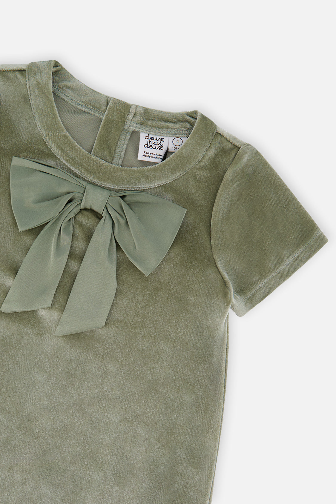 Close-up of the bow and velour neckline on the Deux par Deux greyish green dress