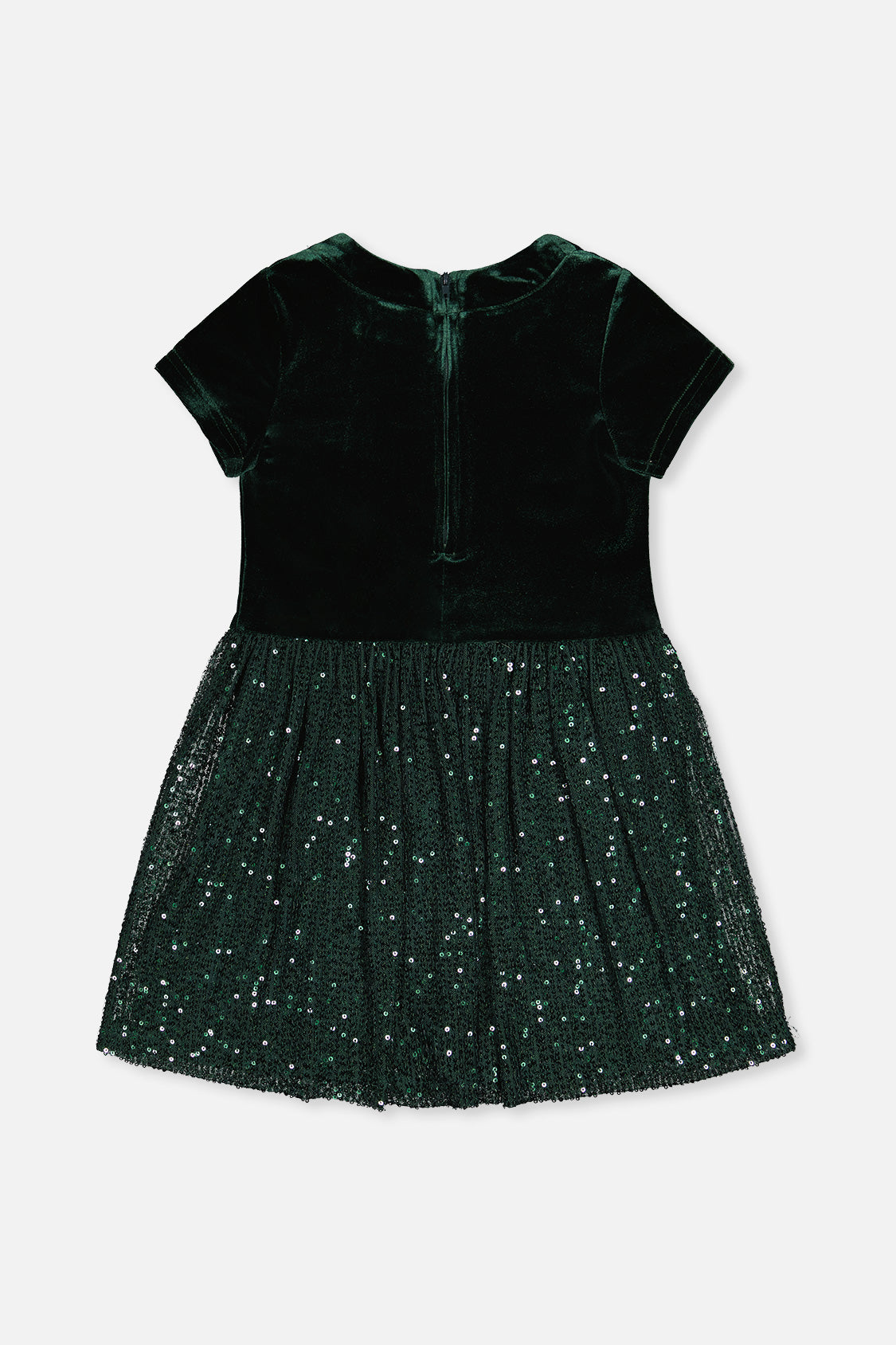 Deux par Deux girls green velvet party dress with a glittering skirt, back view