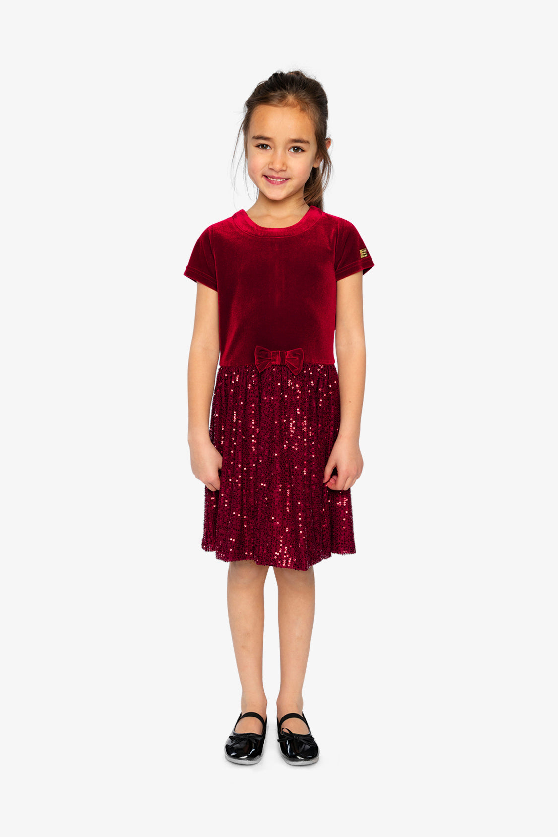 Bi-Material Short Sleeve Dress With Glittering Skirt Red-1