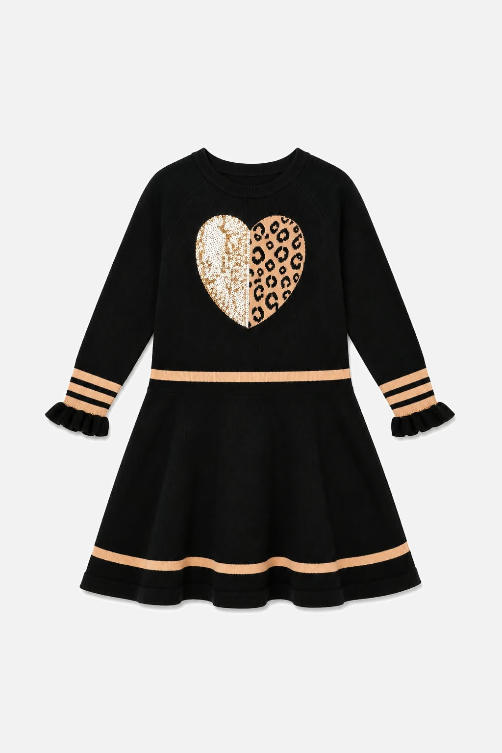 Front view of the black knit dress with beige stripes, ruffle cuffs and a heart on the chest