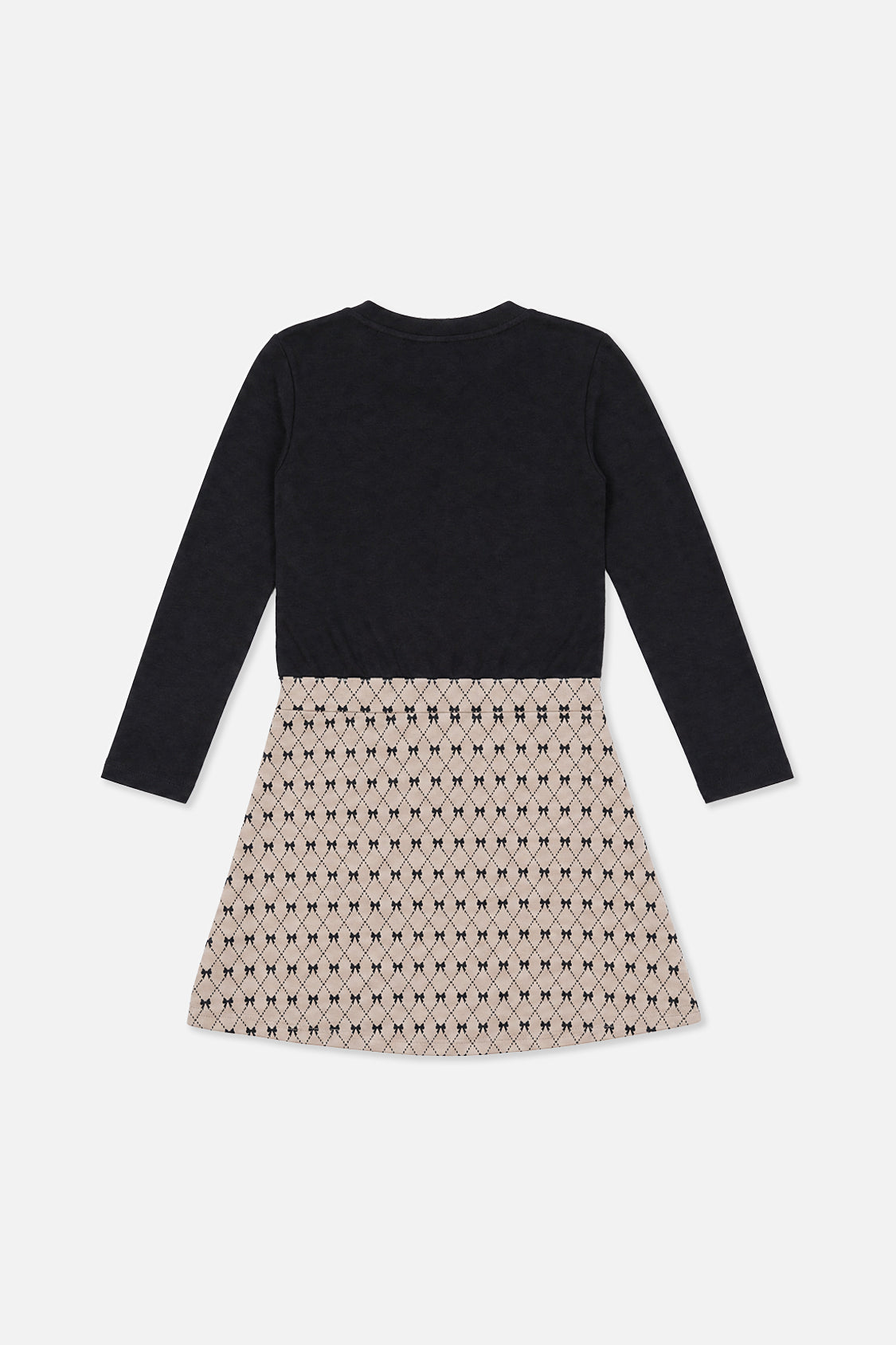 Bi-Material Dress Black And Beige Bow Tie Print-1