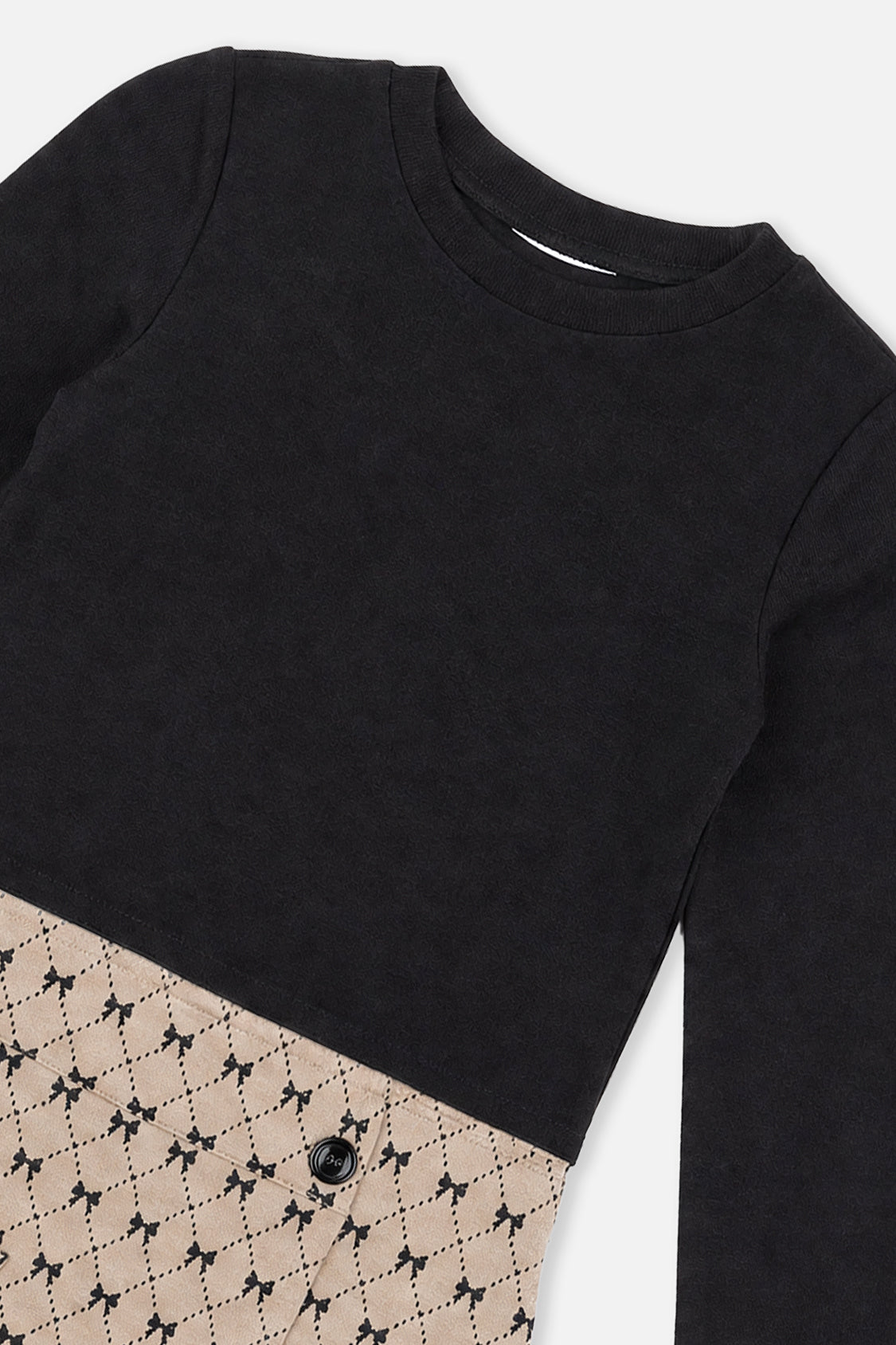 Bi-Material Dress Black And Beige Bow Tie Print-2
