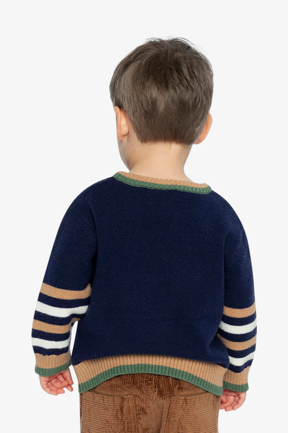 Back view of a child wearing the Deux par Deux navy knit sweater with striped sleeves
