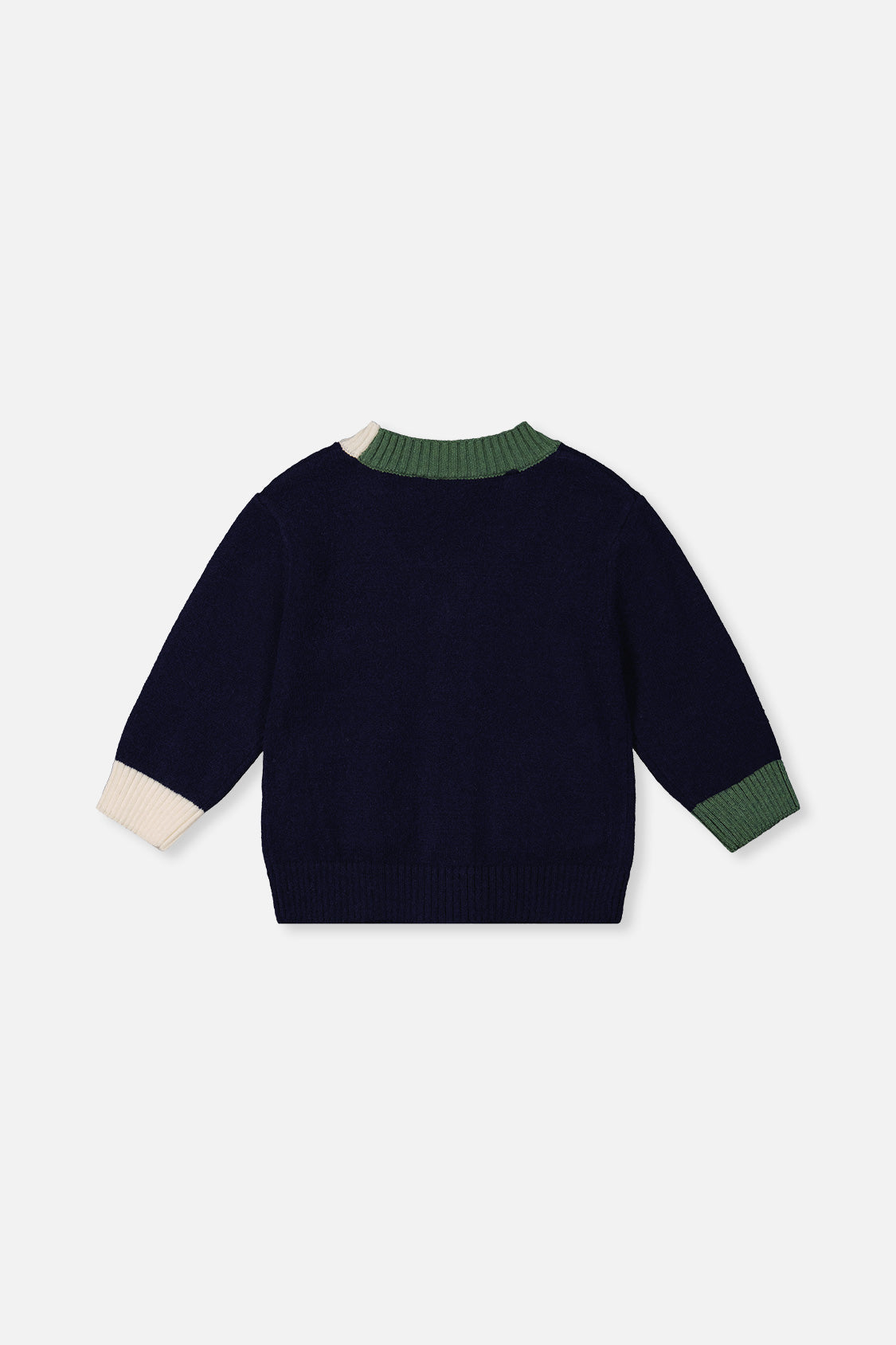 Back view of the Deux par Deux navy dino knit cardigan laid flat