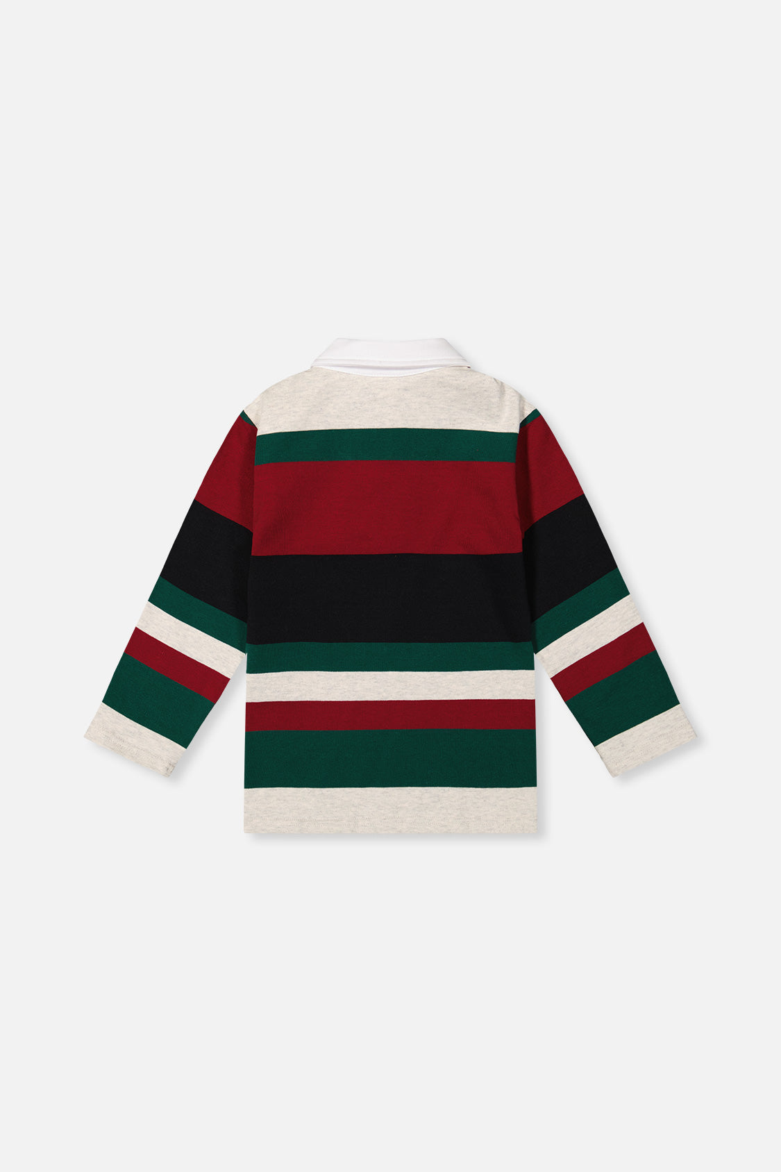 Deux par Deux boys' polo top in blue striped red, green and grey, back view