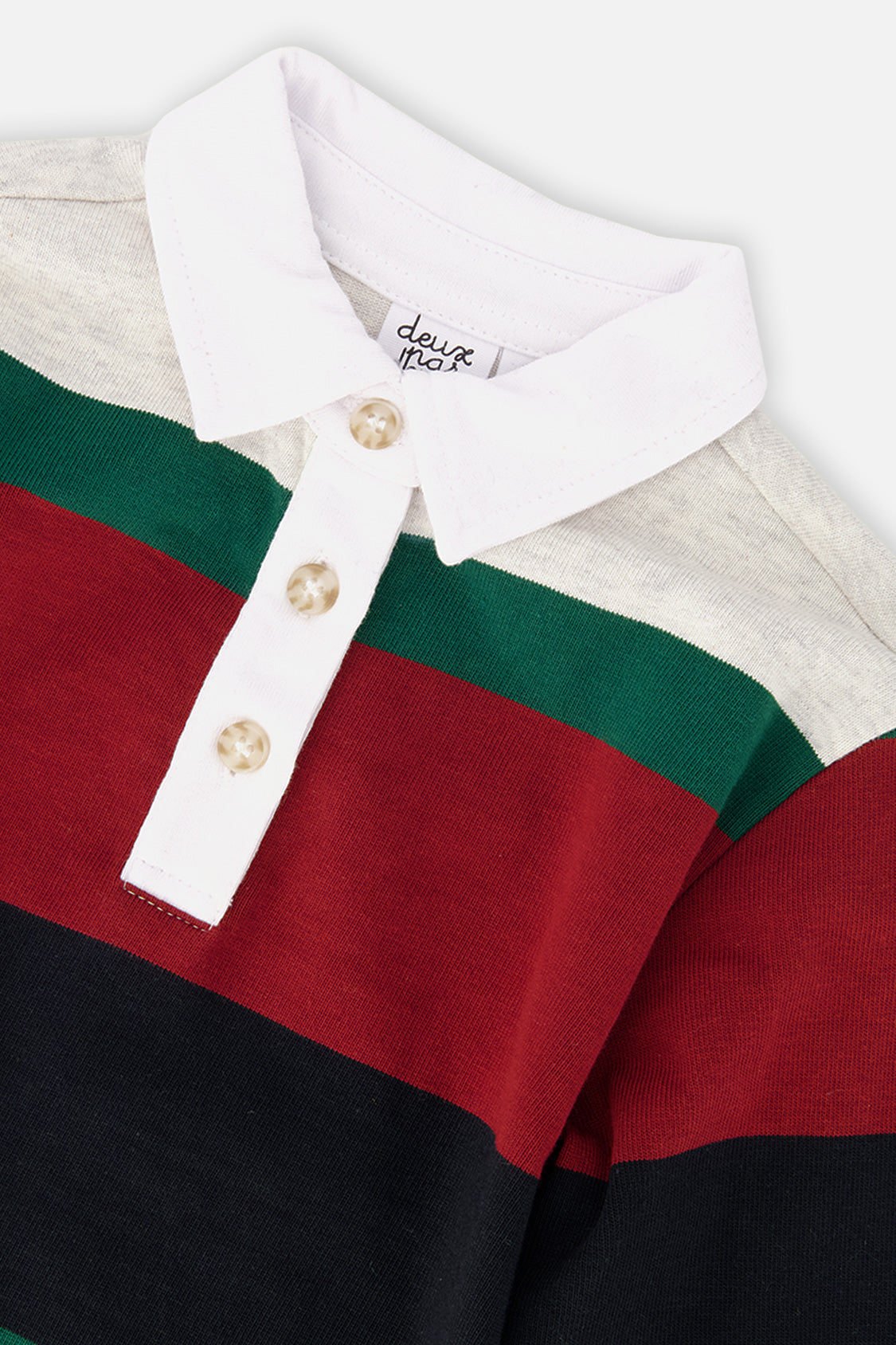 Close-up of the white collar and three-button placket on the striped polo