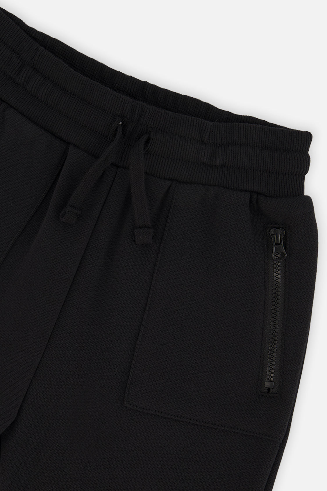 Close-up of the drawstring waistband and zippered pocket on the black sweatpants