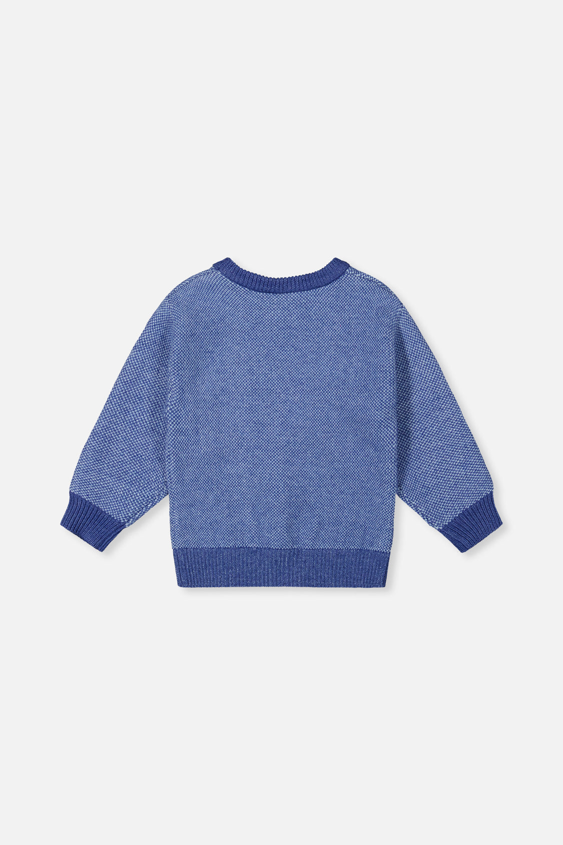 Back view of the Deux par Deux blue textured knit sweater laid flat