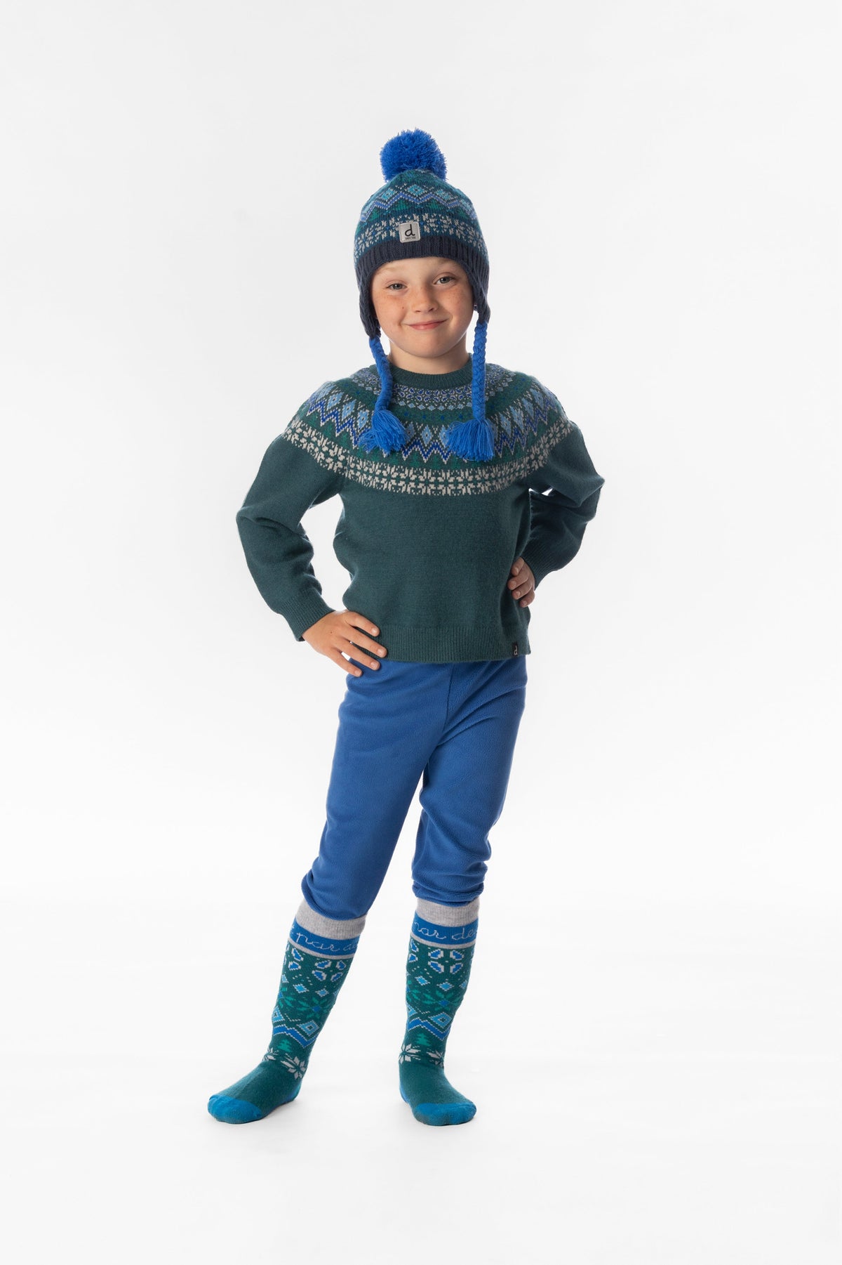 Child wearing Deux par Deux dark green Nordic jacquard sweater