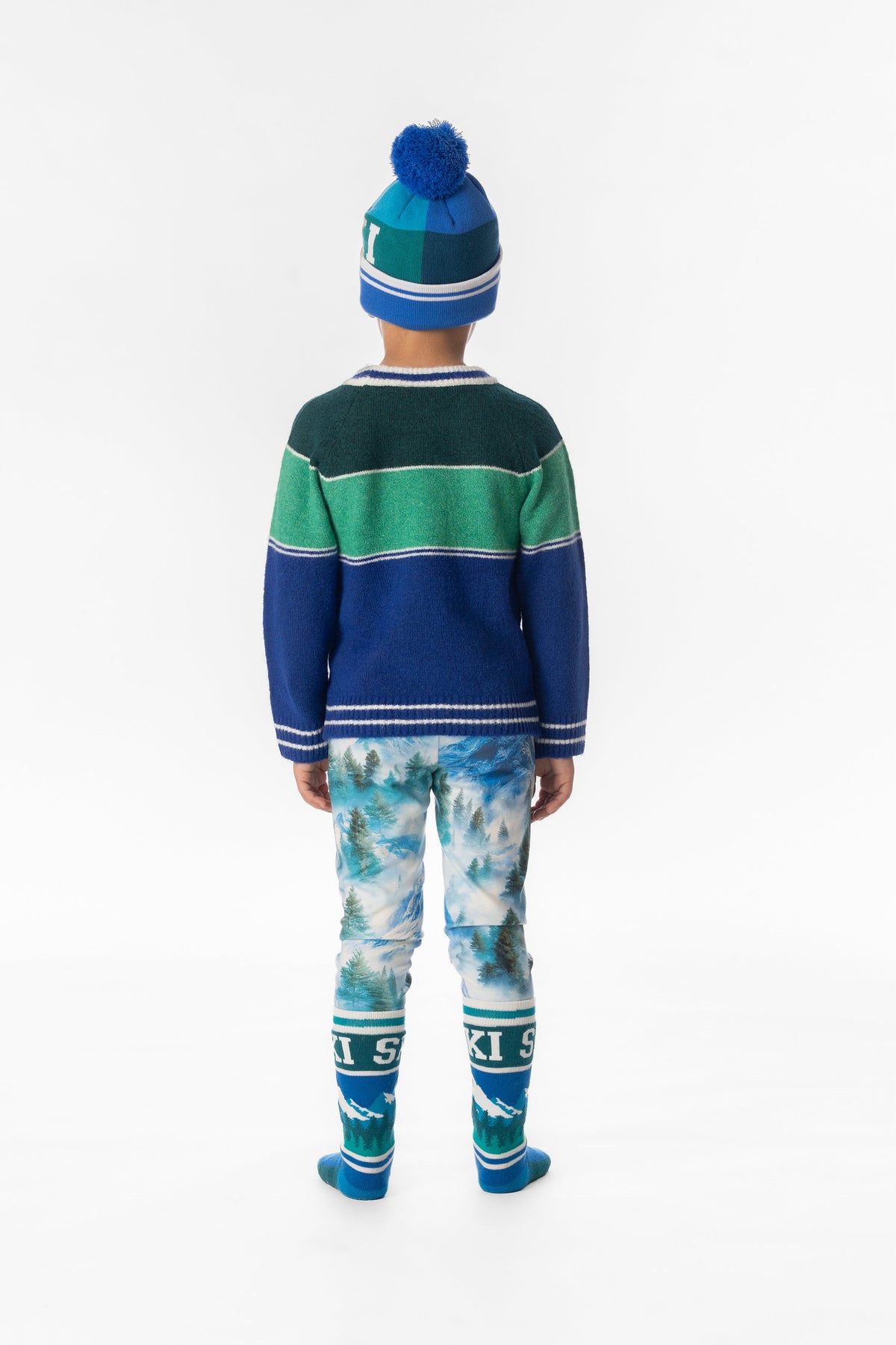 Child wearing Deux par Deux dark blue and dark green SKI sweater, lookbook view 3