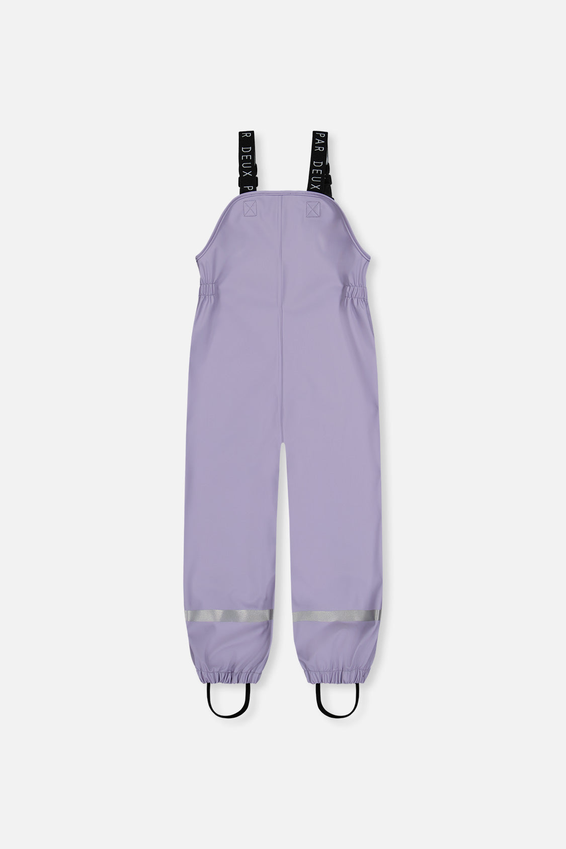 Deux par Deux girls' mauve rain overalls with logo suspenders and reflective ankle bands, back view
