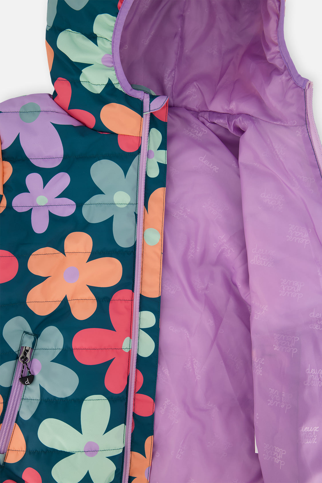 Deux par Deux green floral quilted mid-season jacket for girls, view 4
