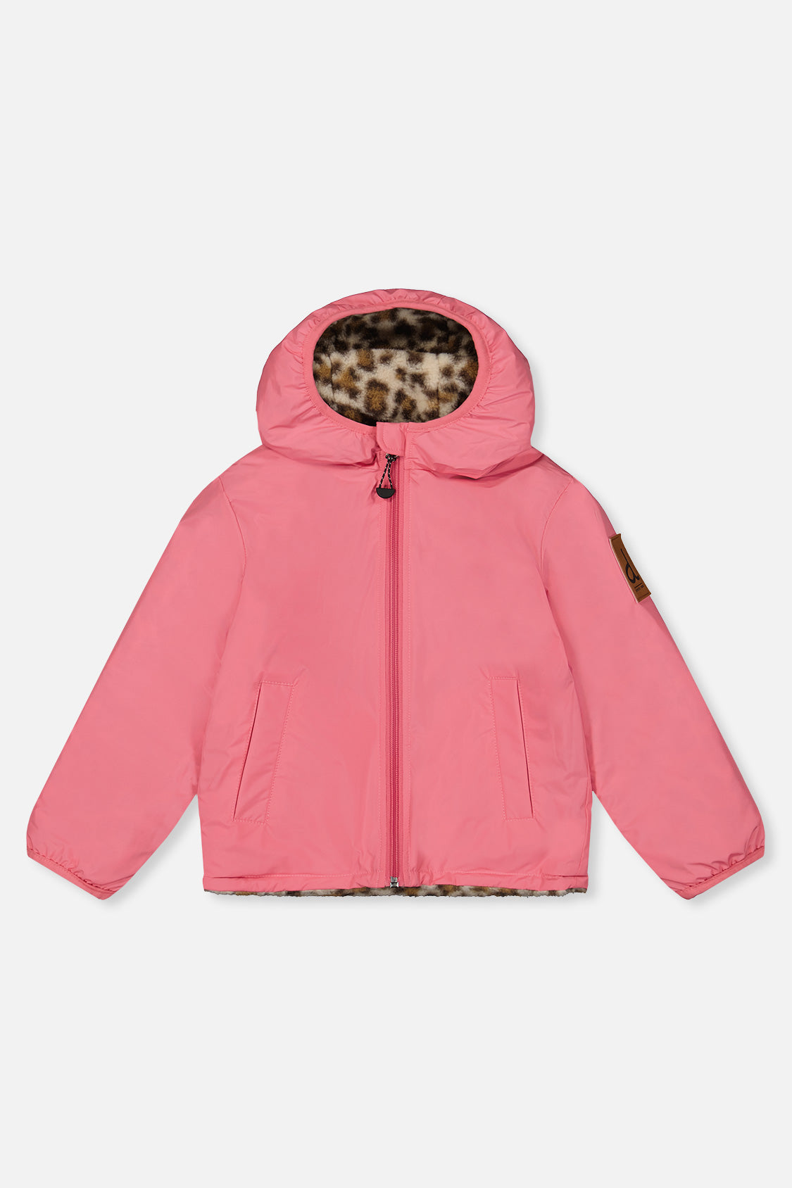Pink side of the reversible jacket laid flat, front view