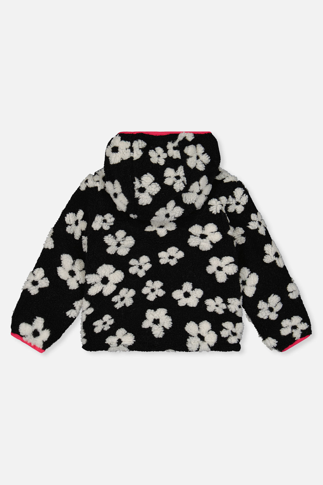 Black sherpa side with white flowers, back view with the hood laid flat