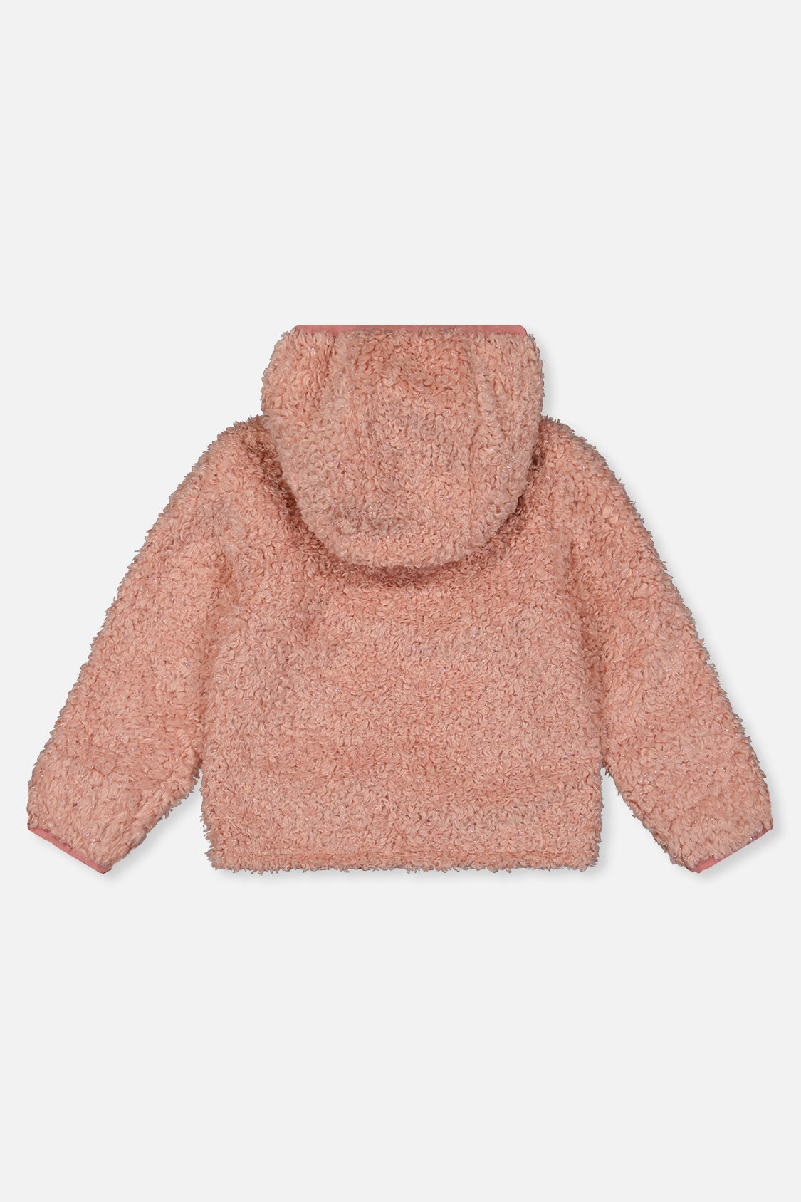 Dusty pink sherpa side of the reversible jacket, back view with the hood