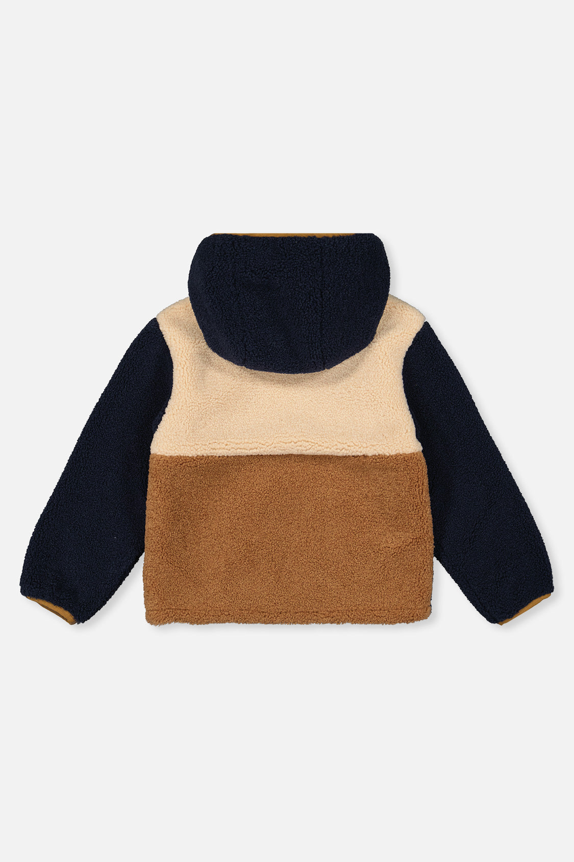 Back view of the color-block sherpa side of the reversible jacket laid flat