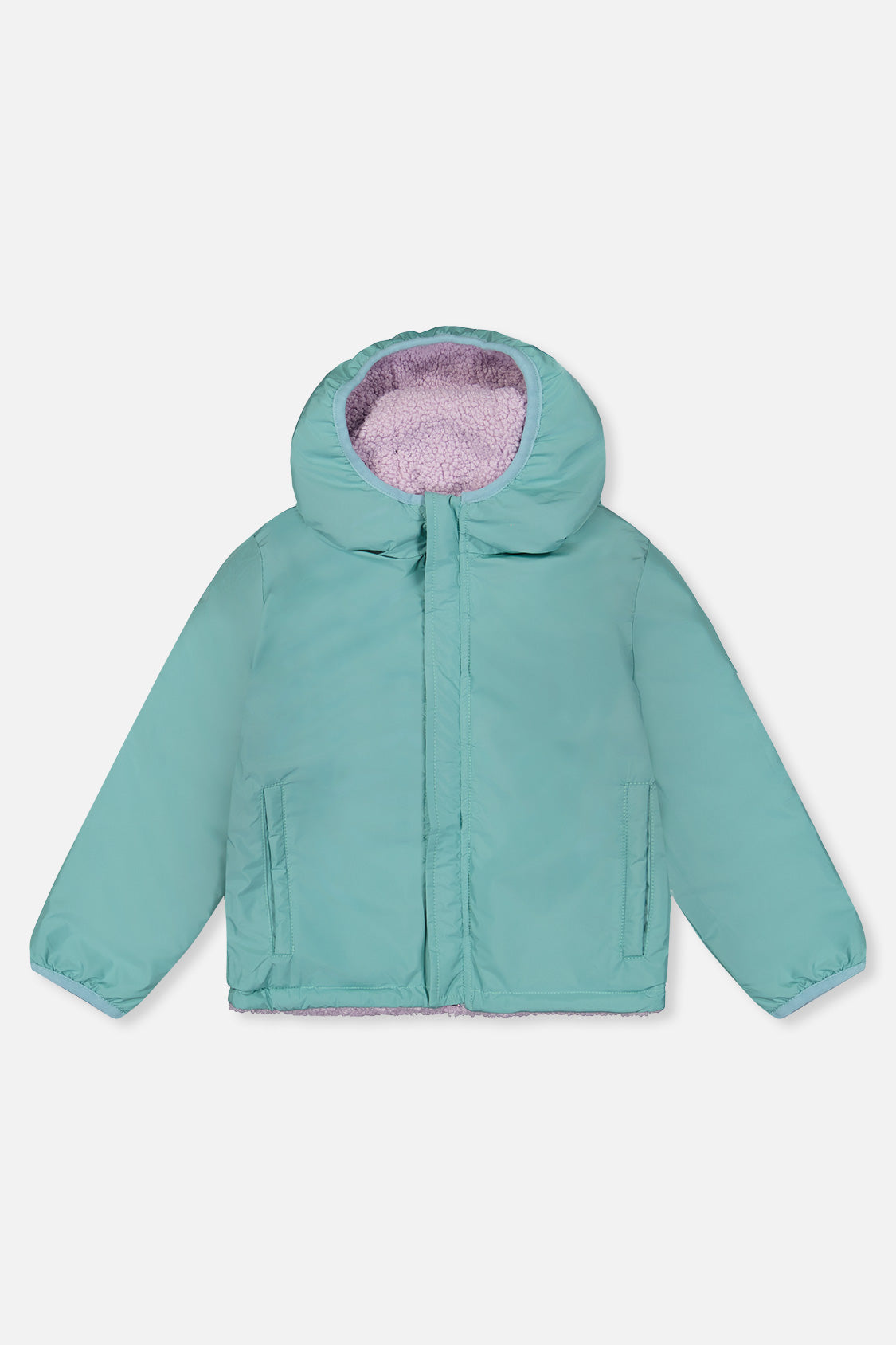Deux par Deux girls reversible jacket, teal coated side laid flat, front view