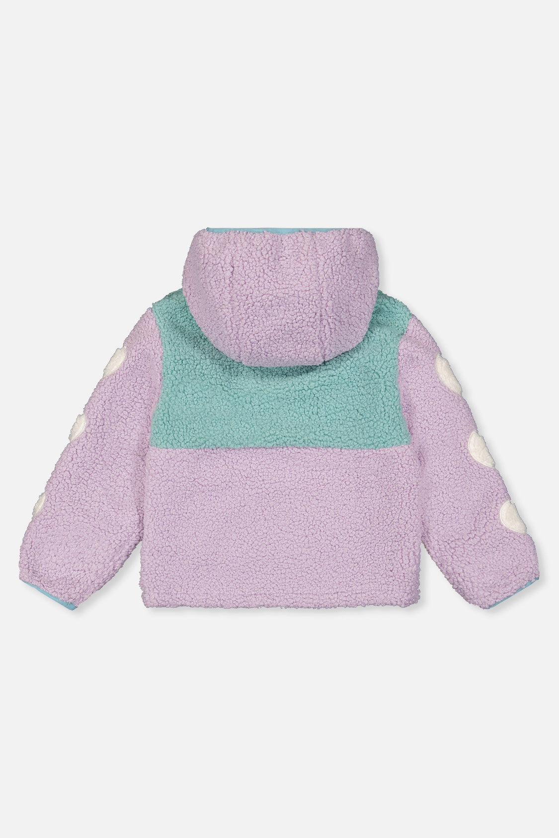 Deux par Deux girls reversible jacket, mauve and teal sherpa side laid flat, back view