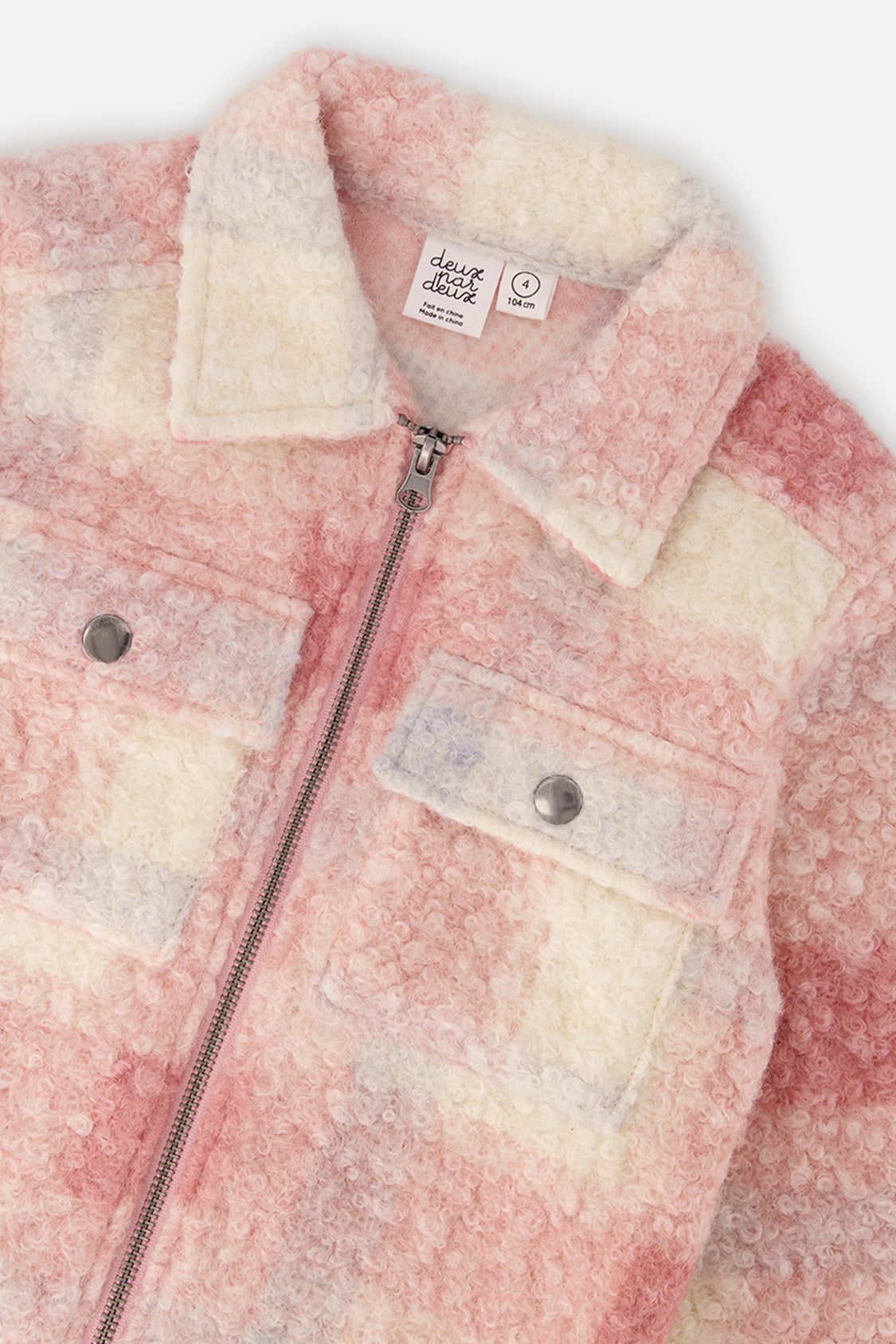 Close-up detail of the Deux par Deux beige and pink plaid overshirt, view 4