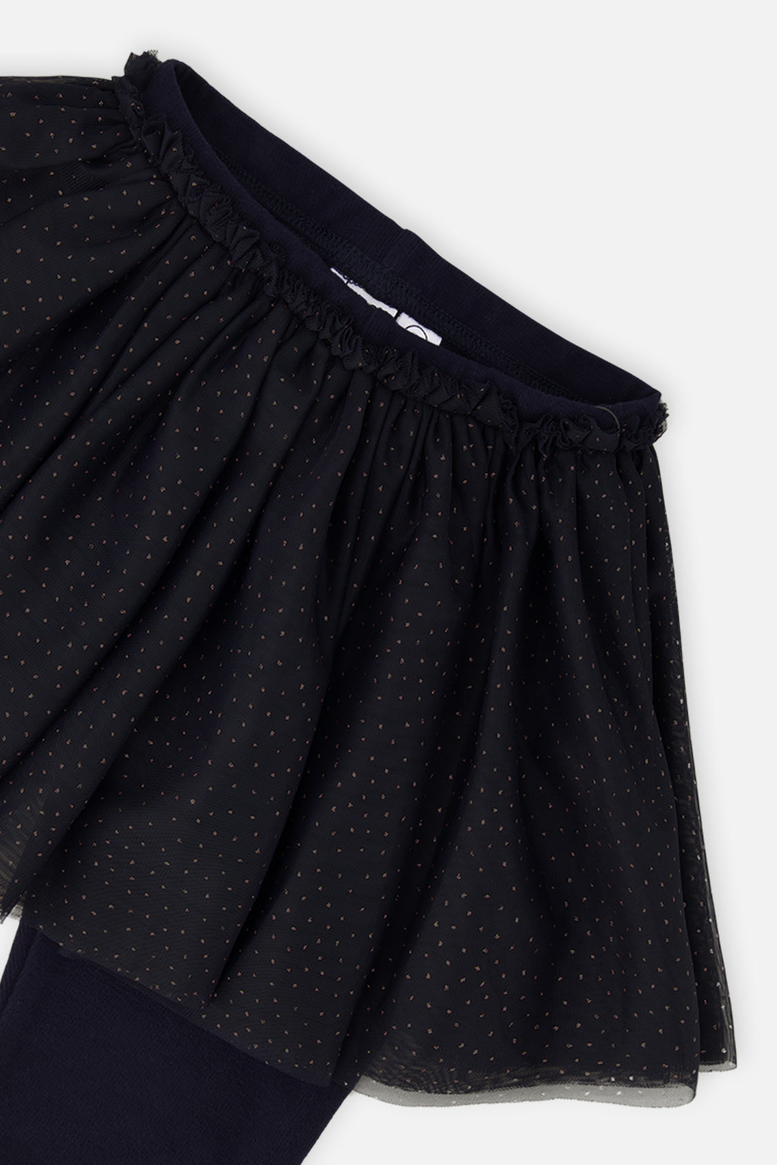 Close-up of the gathered waistband and dotted tulle on the Deux par Deux navy leggings
