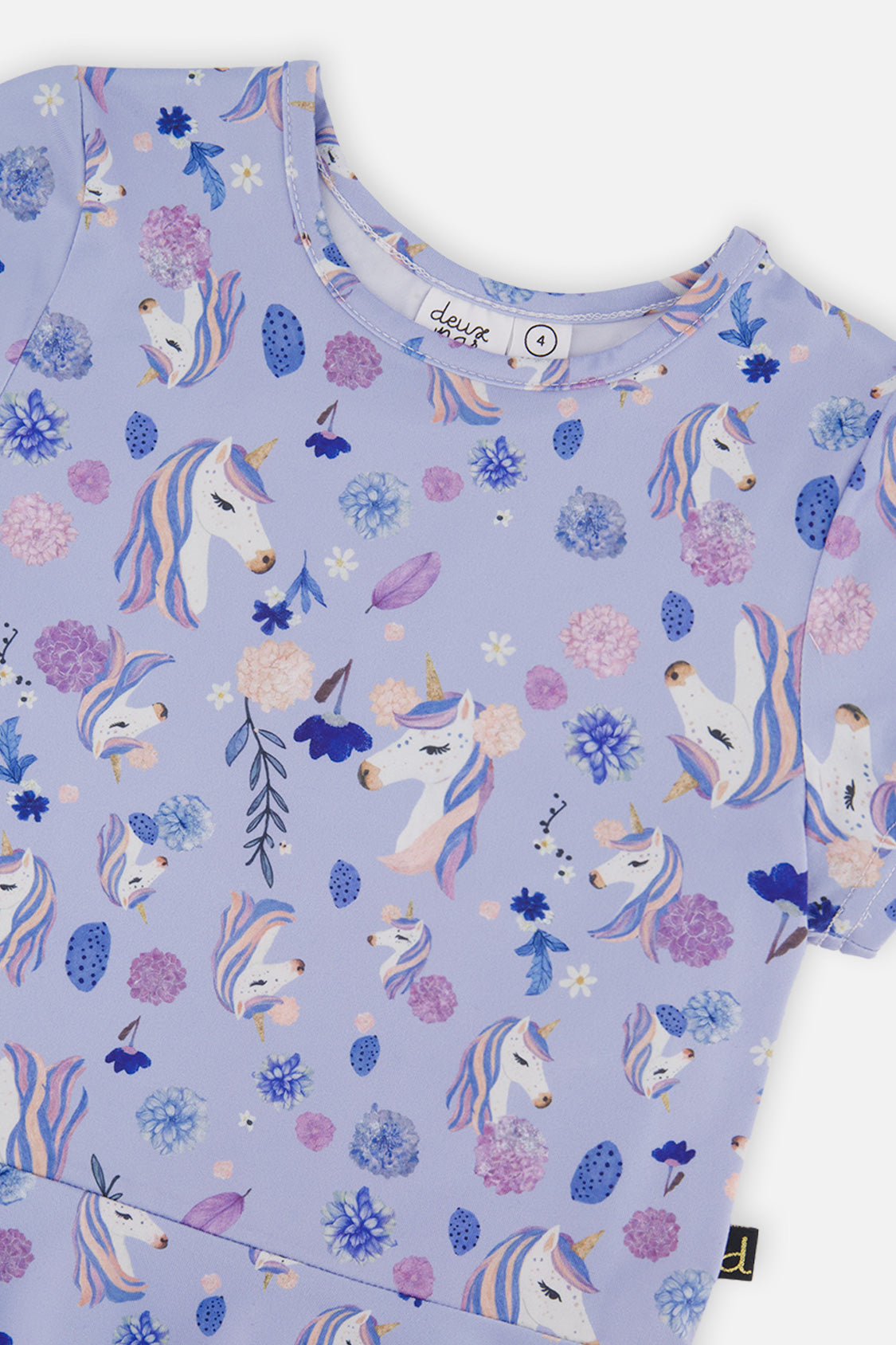 Deux par Deux girls' short-sleeve dress in purple unicorn print, additional product view