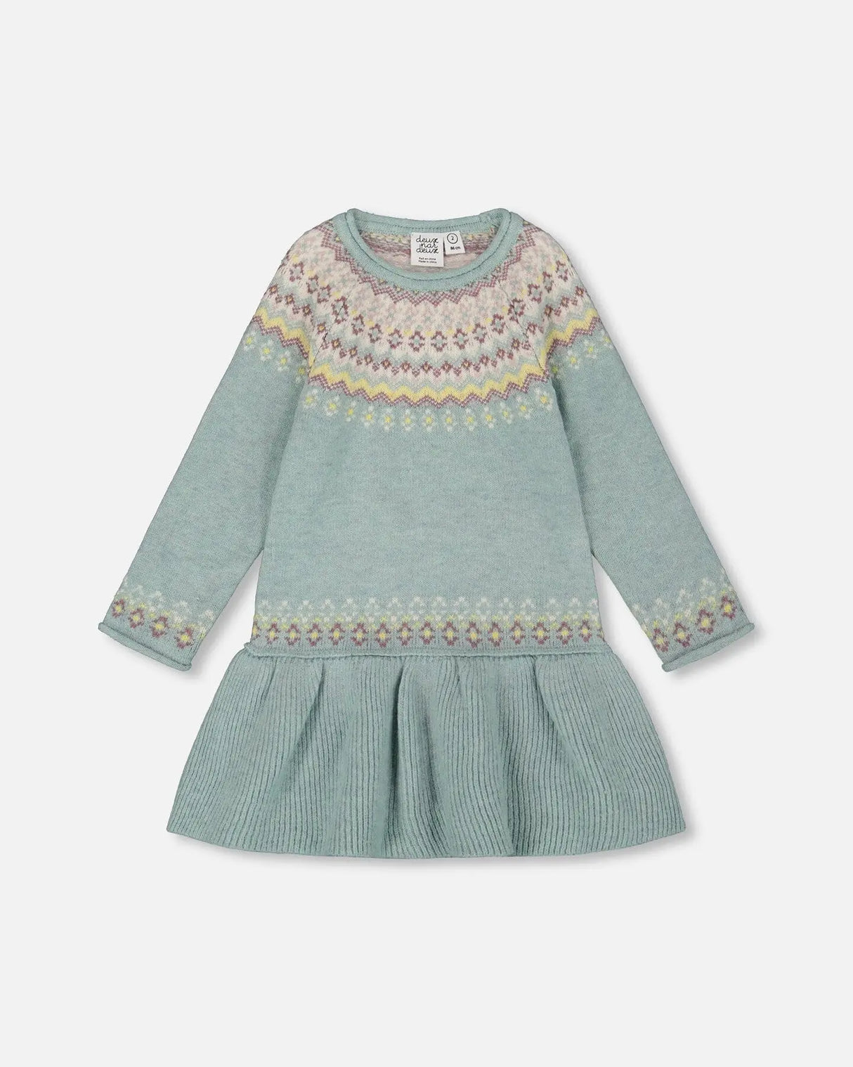 Jacquard Sweater Dress With Ribbed Skirt Jade Green | Deux par Deux | Jenni Kidz