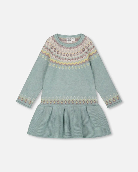 Jacquard Sweater Dress With Ribbed Skirt Jade Green | Deux par Deux | Jenni Kidz