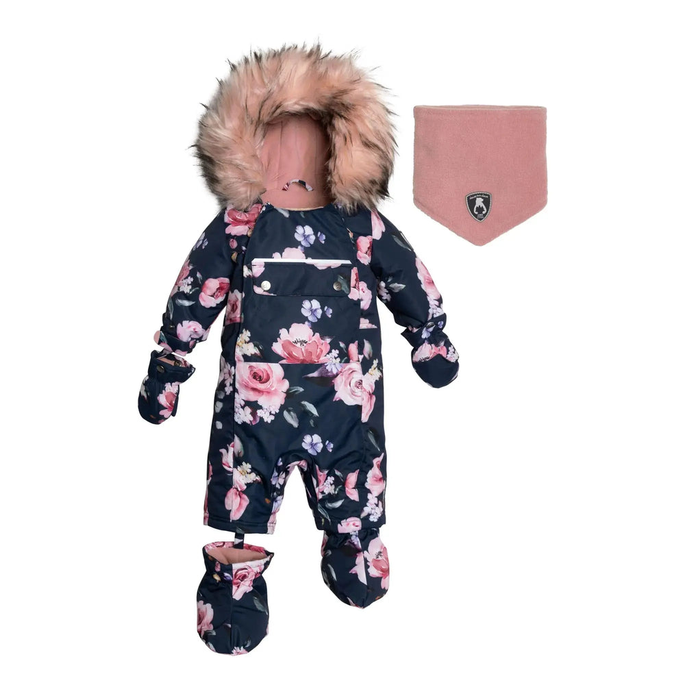 Printed Roses One Piece Baby Snowsuit Navy | DEUX PAR DEUX - DEUX PAR DEUX