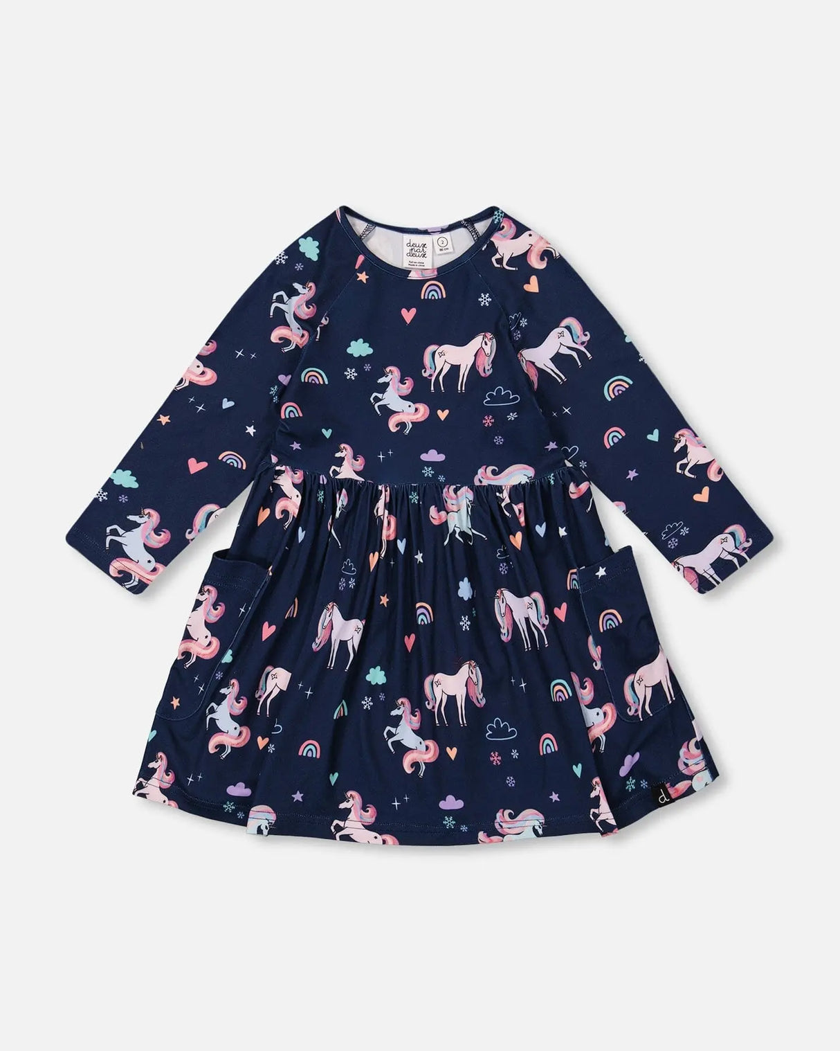 Jersey Dress With Pockets Navy Unicorn Print | Deux par Deux | Jenni Kidz