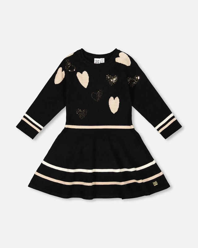 Knit Dress Black With Glittery Heart Motifs | Deux par Deux | Jenni Kidz