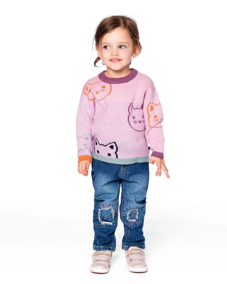 Knit Jacquard Sweater Dusty Pink With Cats | Deux par Deux | Jenni Kidz