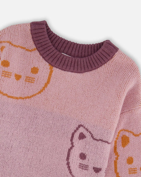 Knit Jacquard Sweater Dusty Pink With Cats | Deux par Deux | Jenni Kidz