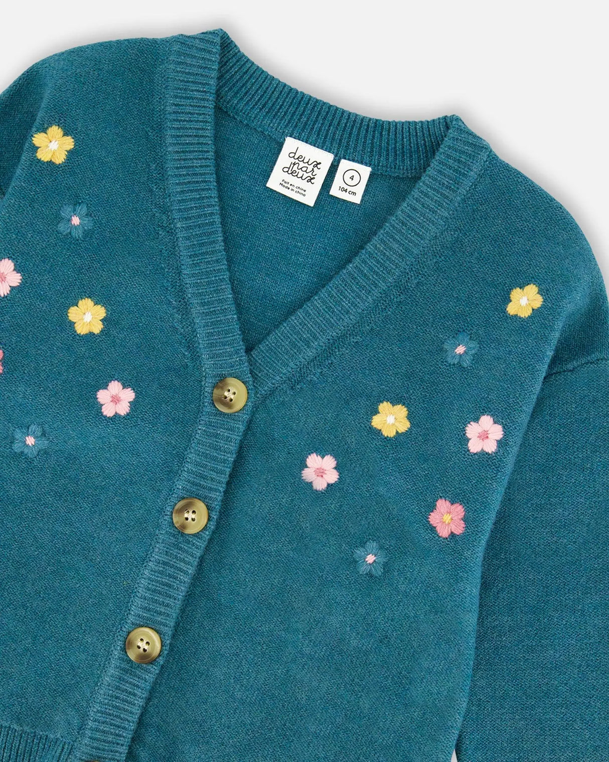 Knitted Cardigan Dark Green With Flower Embroidery | Deux par Deux | Jenni Kidz