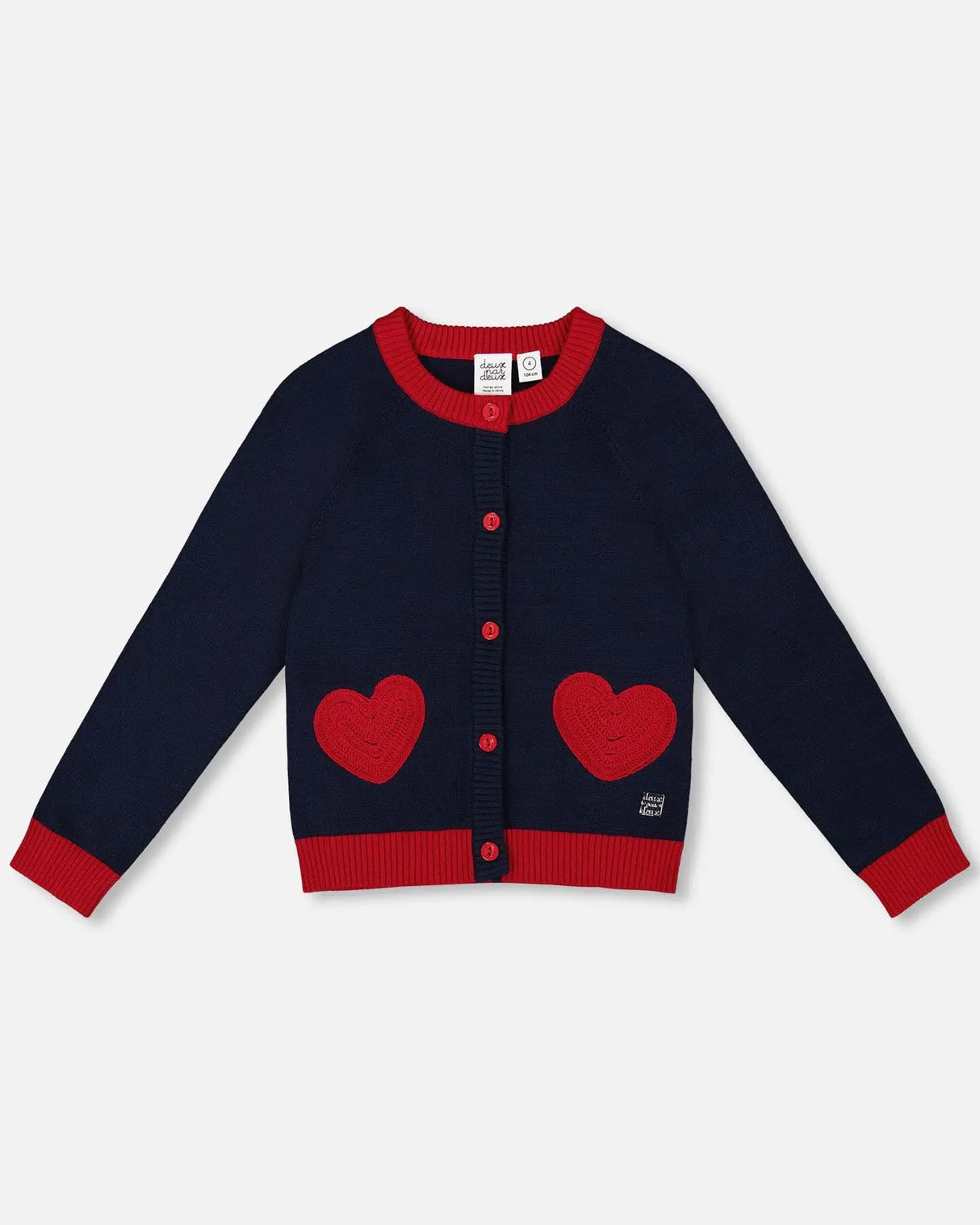 Knitted Cardigan Navy Blue With Red Embroidered Hearts | Deux par Deux | Jenni Kidz