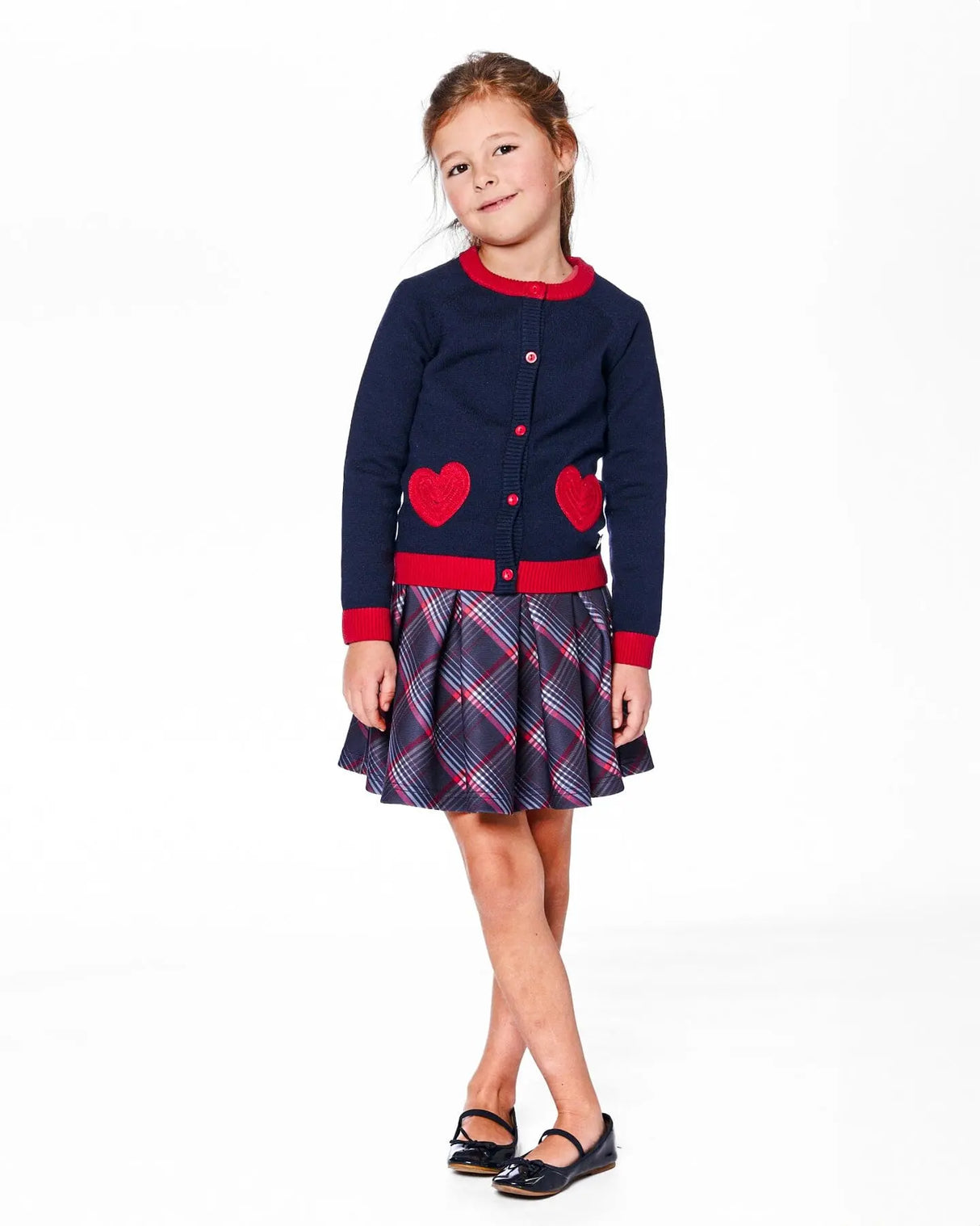 Knitted Cardigan Navy Blue With Red Embroidered Hearts | Deux par Deux | Jenni Kidz