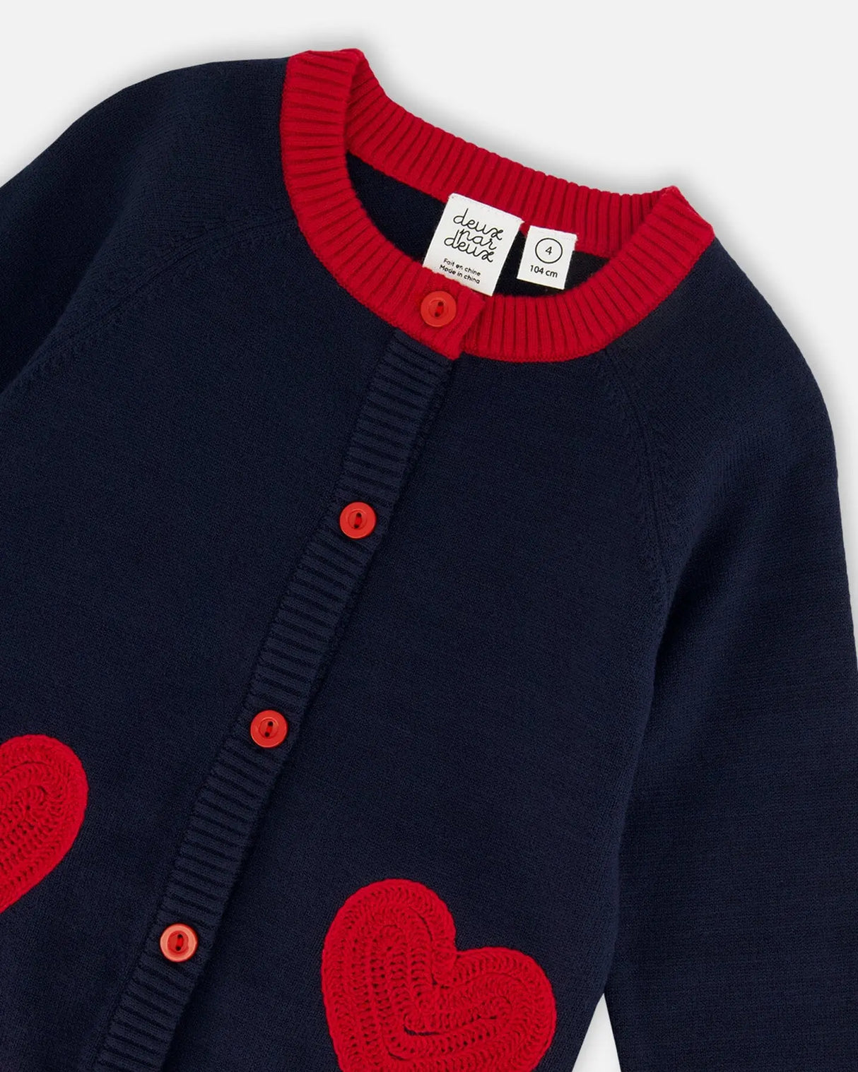 Knitted Cardigan Navy Blue With Red Embroidered Hearts | Deux par Deux | Jenni Kidz