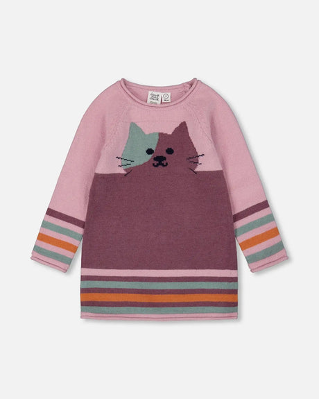 Knitted Dress Dusty Pink With Cat | Deux par Deux | Jenni Kidz