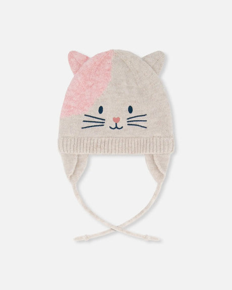 Lined Knit Hat With Ears Off-White And Pink | Deux par Deux | Jenni Kidz