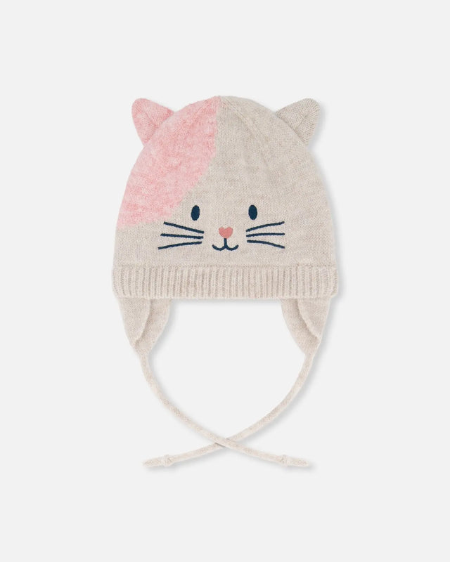 Lined Knit Hat With Ears Off-White And Pink | Deux par Deux | Jenni Kidz