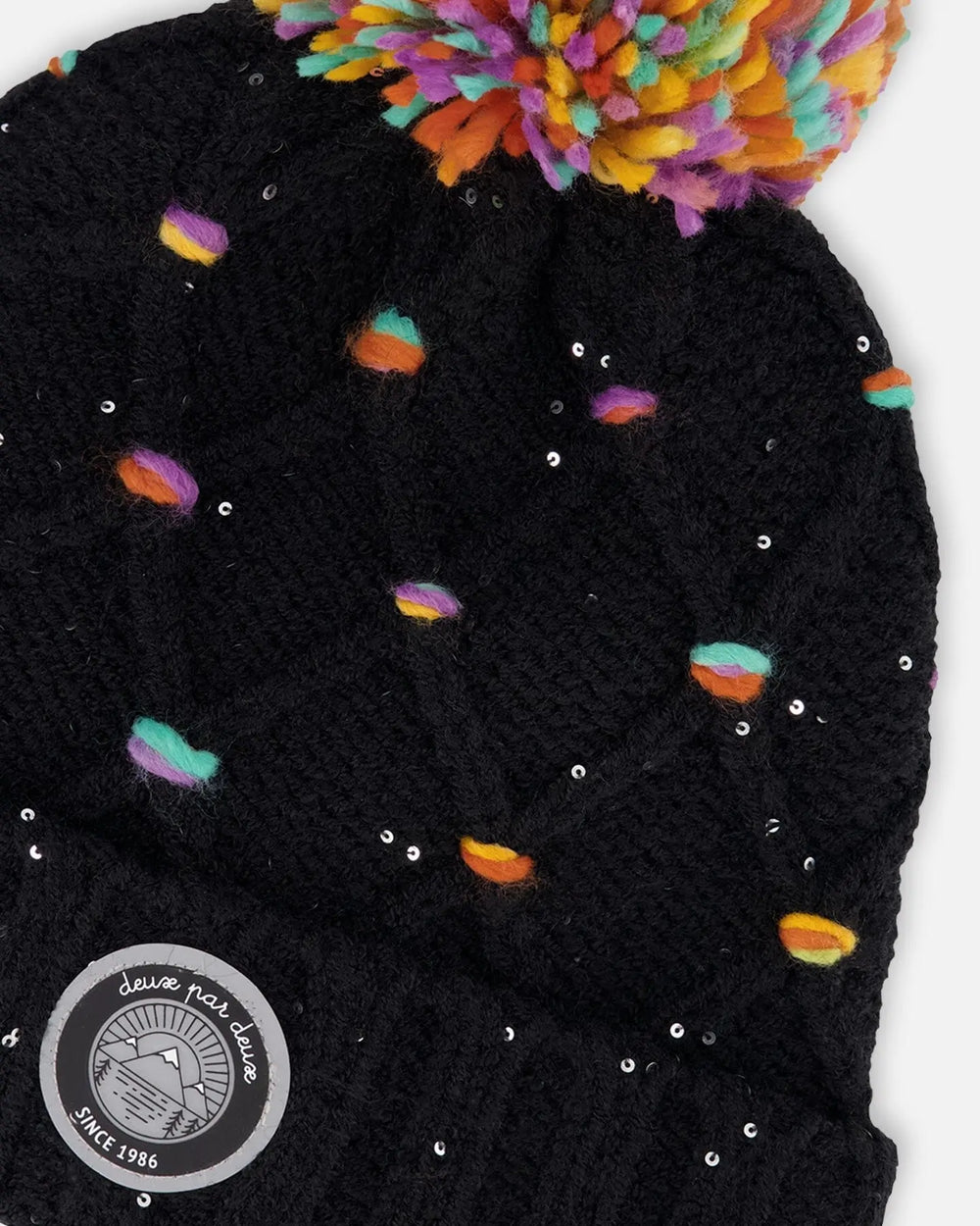 Lined Knit Pompom Hat Black And Multicolor With Little Sequins | Deux par Deux | Jenni Kidz