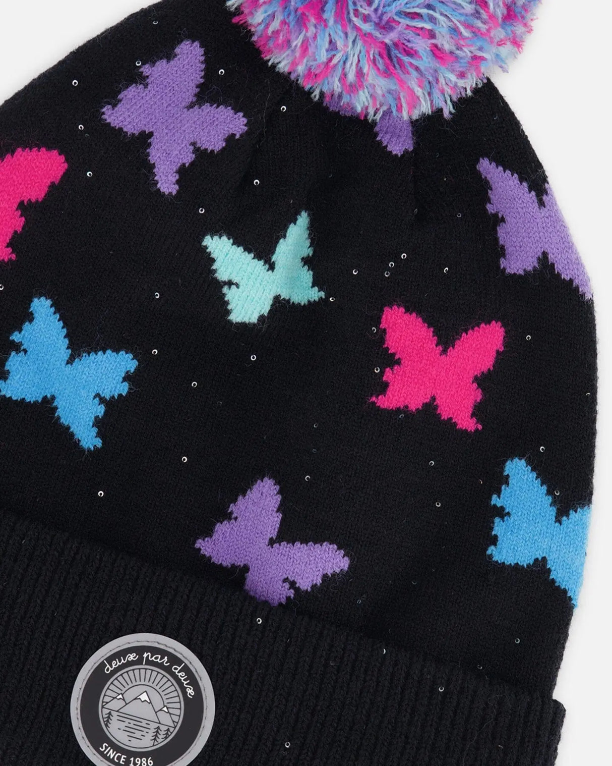 Lined Knit Pompom Hat Black Butterfly Print | Deux par Deux | Jenni Kidz