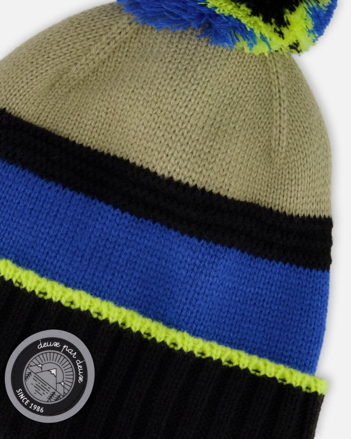 Lined Knit Pompom Hat Black, Taupe And Lime Green | Deux par Deux | Jenni Kidz