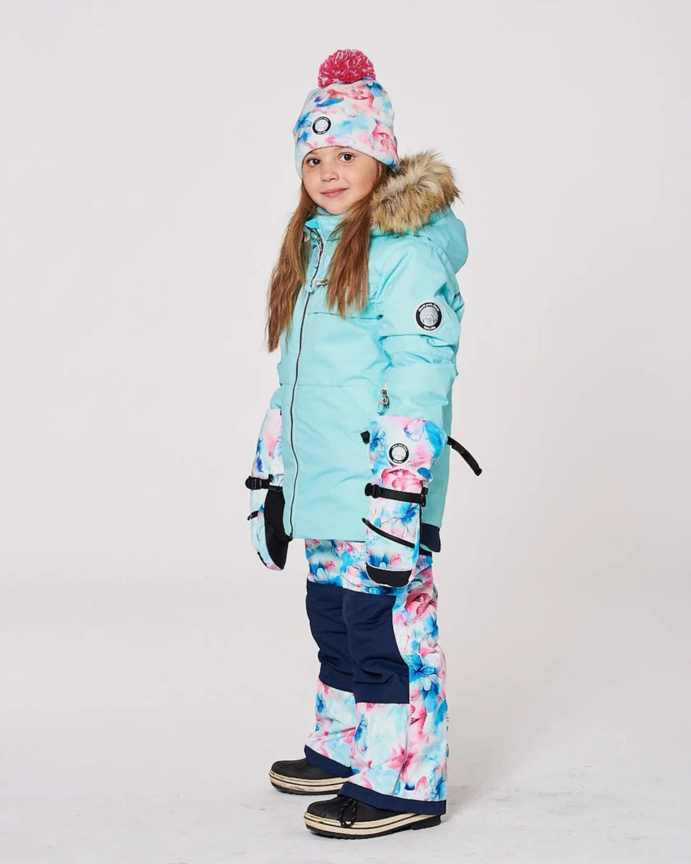 Lined Knit Pompom Hat Blue Flower Print | Deux par Deux | Jenni Kidz